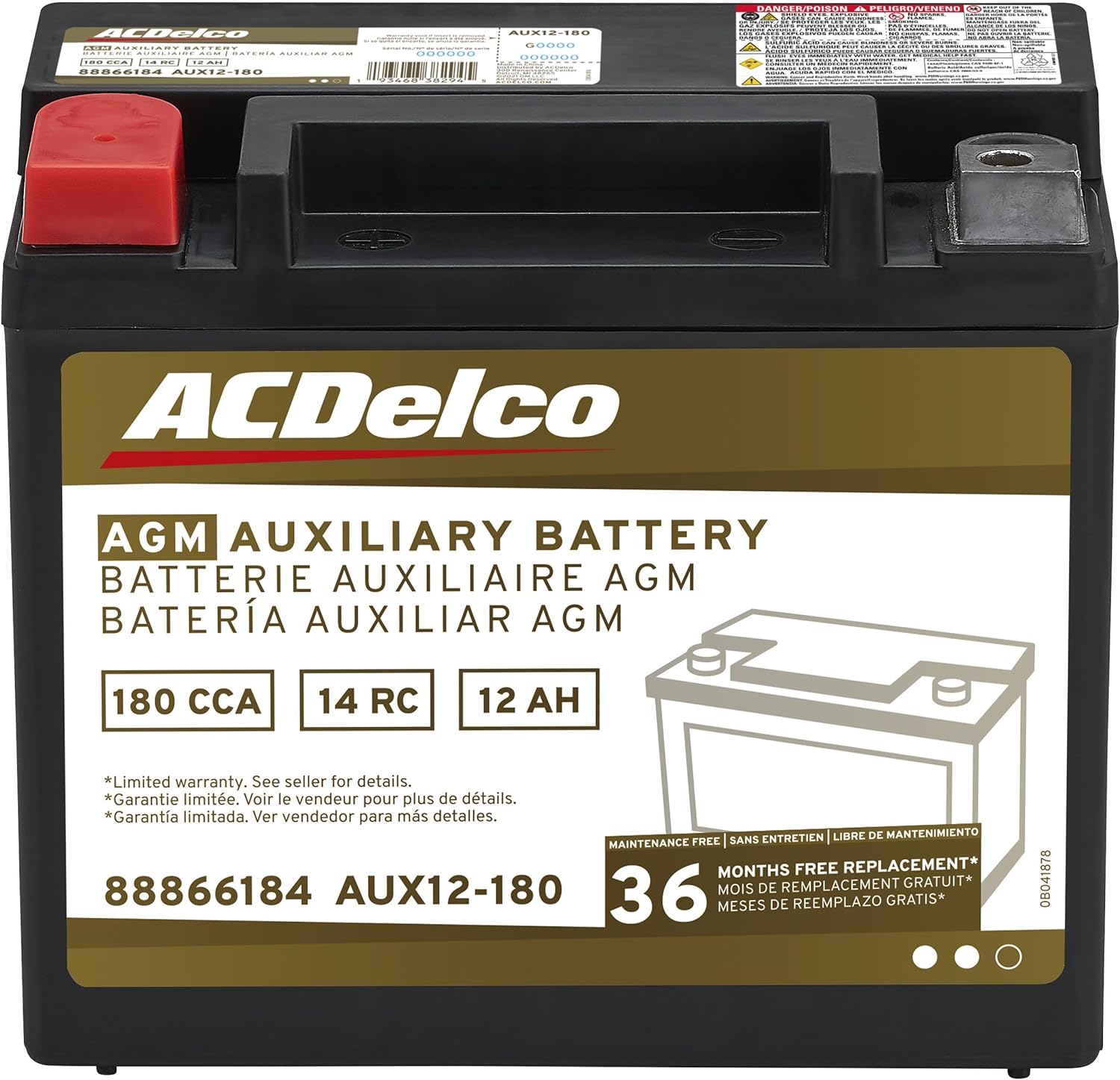 ACDelco Gold AUX12-180 (88866184) 36 Month Warranty Auxiliary AGM 190 CCA Battery