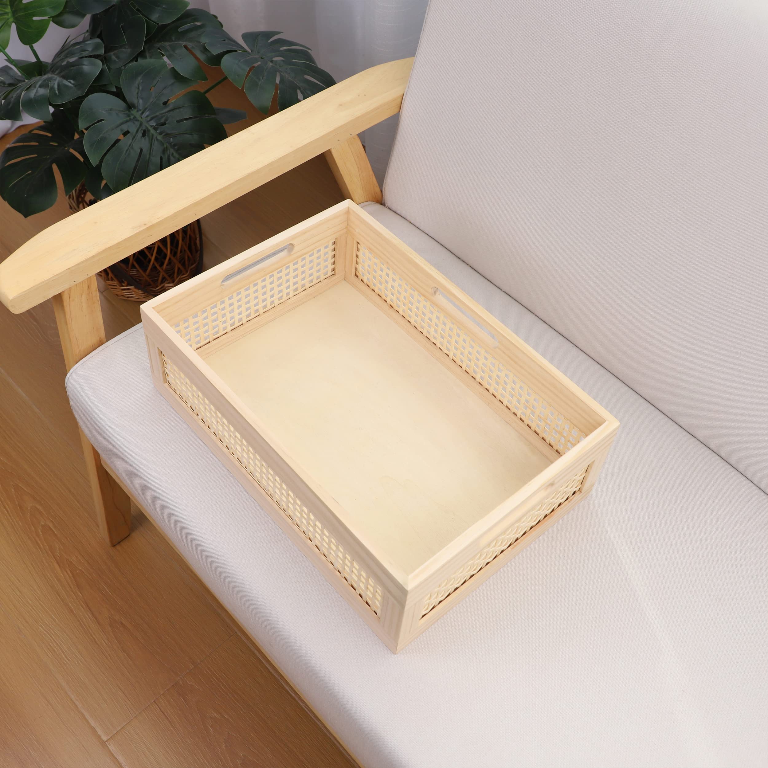 YRMT Wooden Baskets Shallow Wood Storage Basket Crate with Handles Decorative Storage Bins Organizer Rustic Farmhouse Countertop Basket for Shelves,Pantry,Kitchen - Image 4