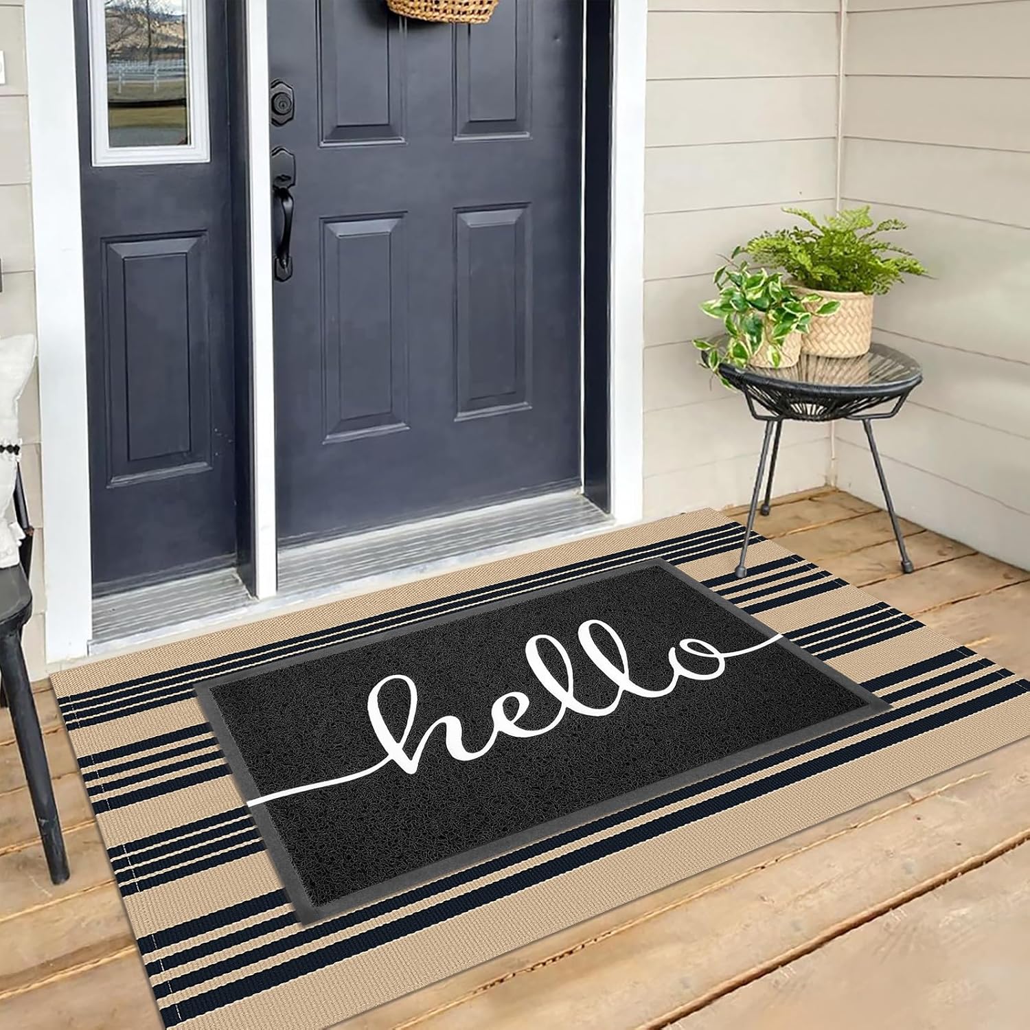 KILOCOCO Striped Rug 3'X5' Front Door Mat Outdoor Welcome Mats Rugs Outdoor Cotton Washable Front Porch Rug Layered Doormats for Kitchen/Farmhouse/Entryway/Patio, Brown - Image 3