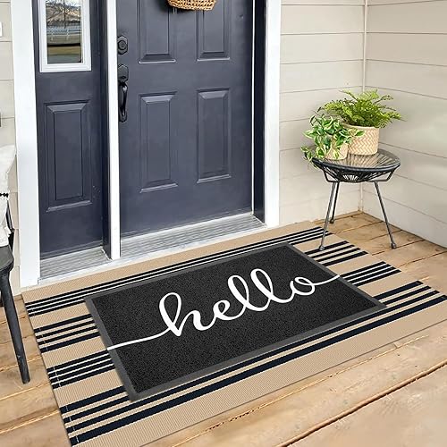 Vista 173 de KILOCOCO Alfombra de rayas beige de 2.3 x 3.6 pies para interiores y exteriores, alfombra tejida a mano de algodón lavable a rayas para puerta Rayas