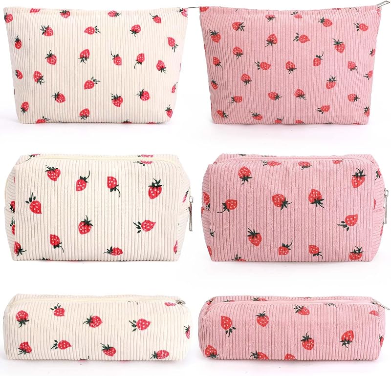 Necessaires de maquiagem EIMMBD com estampa de morango, pacote com 6