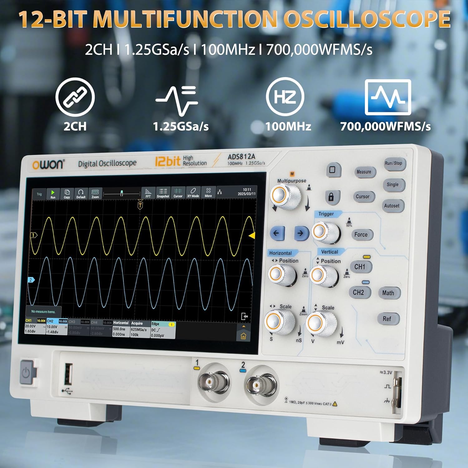 OWON Digital Oscilloscope ADS812A 100MHz Bandwidth 12bits Lab Oscilloscope 1.25GSa/s Sample Rate with Dual Channel 50M Memory Depth 7 inch LCD Display(100MHz/2CH/ADS812A)