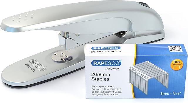 Rapesco 1279 Zero-01L Stapler, 50 Sheet Capacity, & 5000 x 26/8mm Staples, Silver