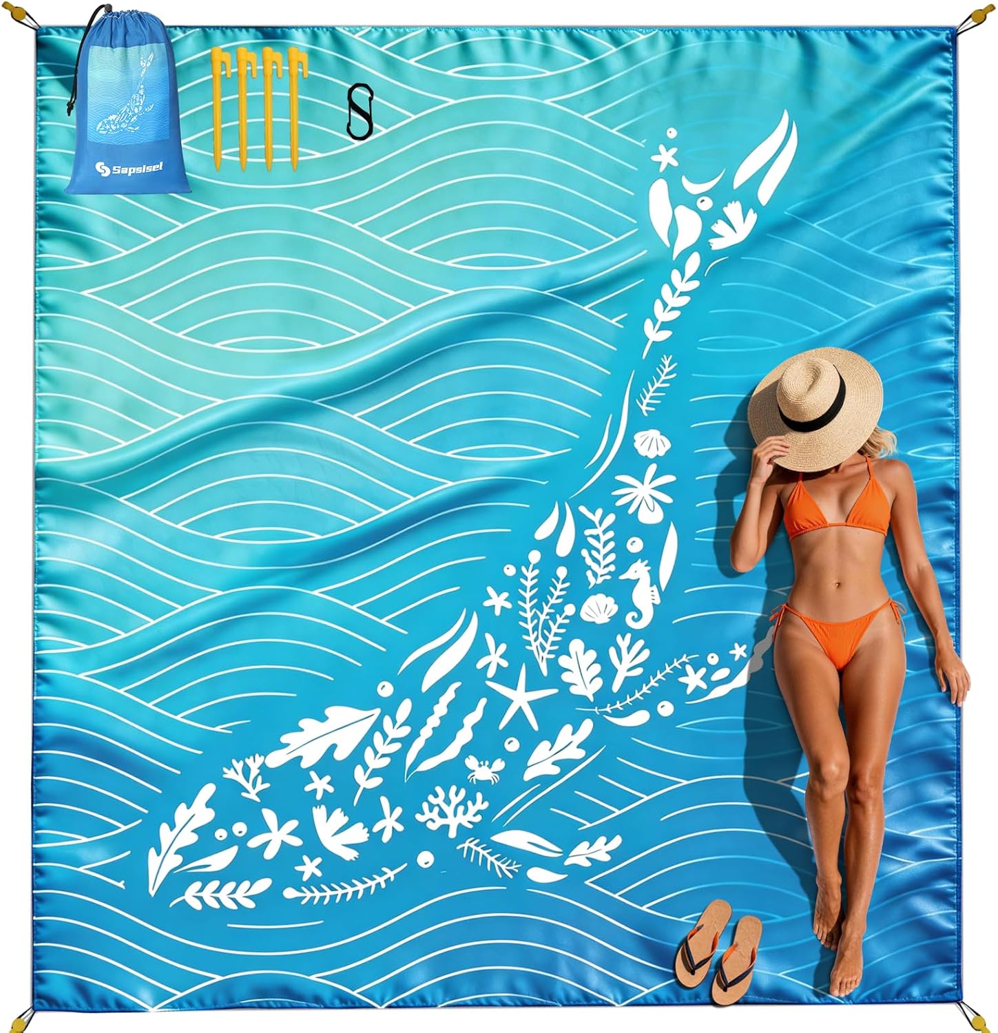 sapsisel Beach Blanket Waterproof Sandproof, Extra Large Beach Mat 79 * 83inch,Outdoor Picnic Blanket with 4 Stakes for Travel Beach Camping Hiking