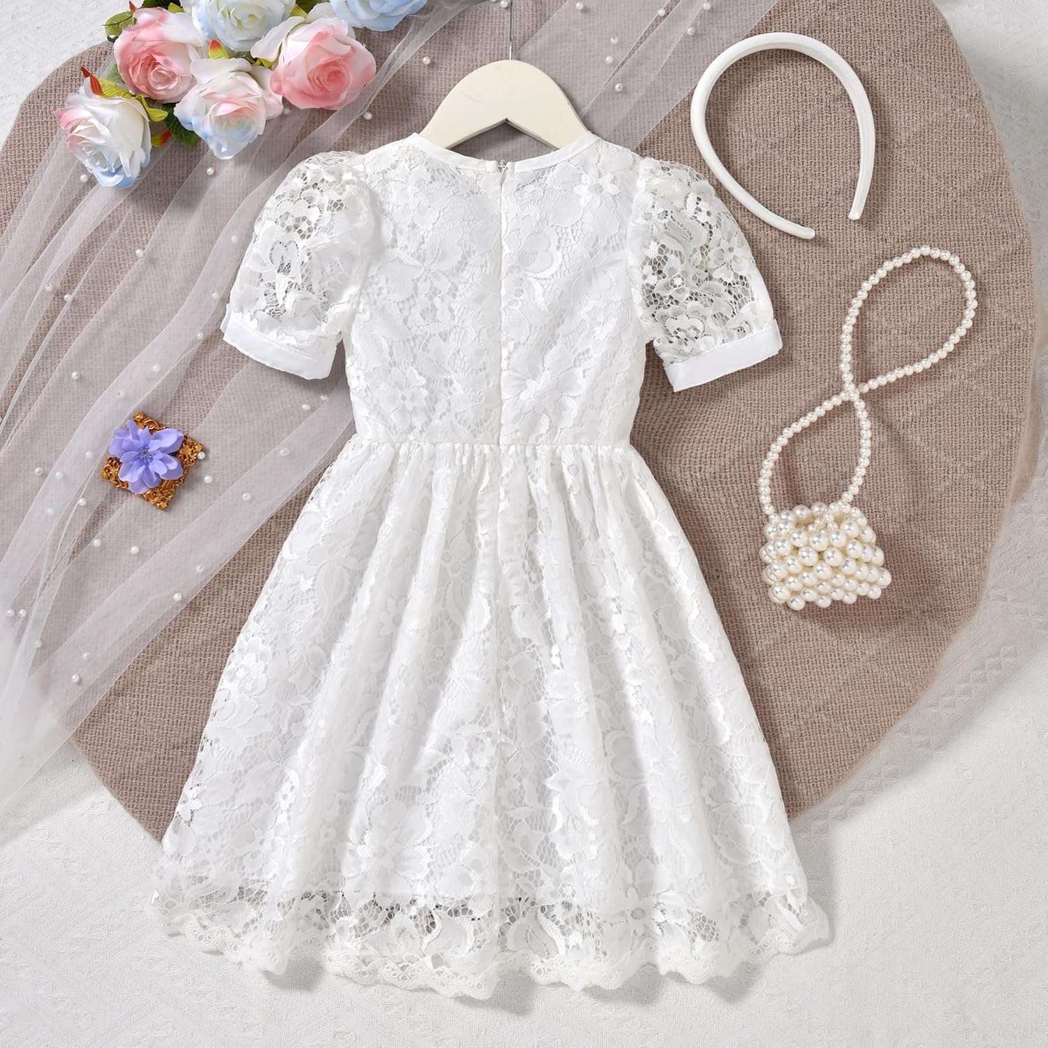 fioukiay Toddler Girls Lace Dresses Elegant Flower Dress Puff Sleeve Wedding Party Princess Dress - Image 6