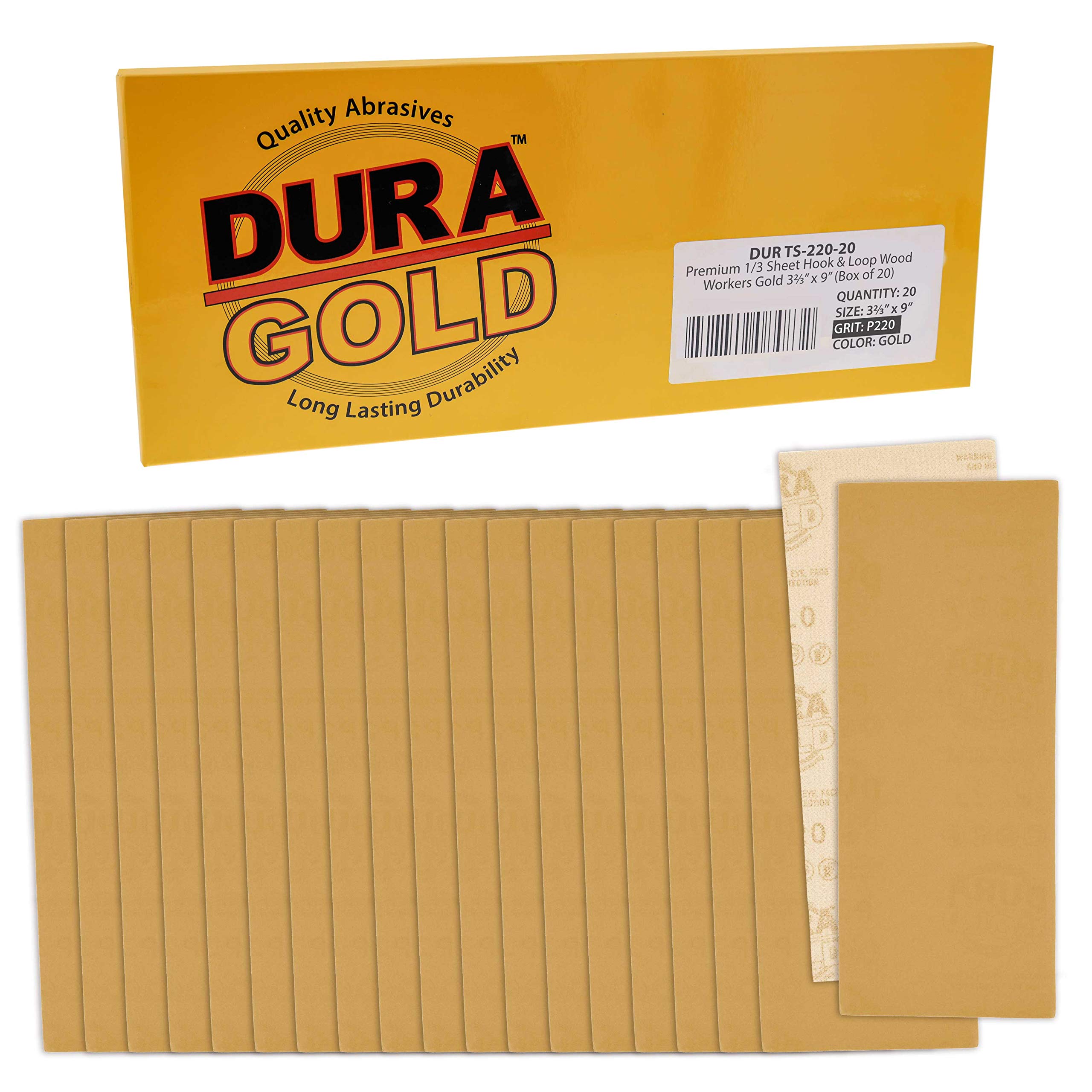 Dura-Gold Premium 1/3 Sheet Gold Sandpaper Sheets, 220 Grit (Box of 20) - 3-2/3" x 9" Size Hook & Loop Backing, Wood Furniture Woodworking, Auto Paint - Jitterbug Sanders, Clip-On, Hand Sanding Blocks