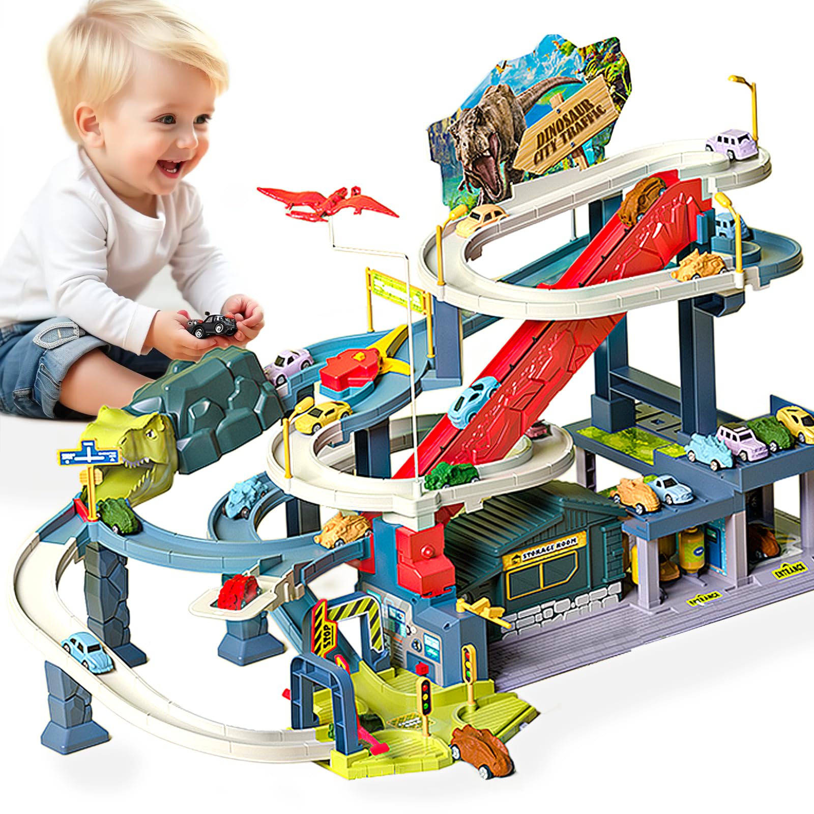 Dinosaur Race Tracks Play Vehicles Toys Set Train Tracks with 4 Dinosaurs Car and 4 Race Cars Race Tracks Toys Christmas Birthday Party for Kids Ages 3+