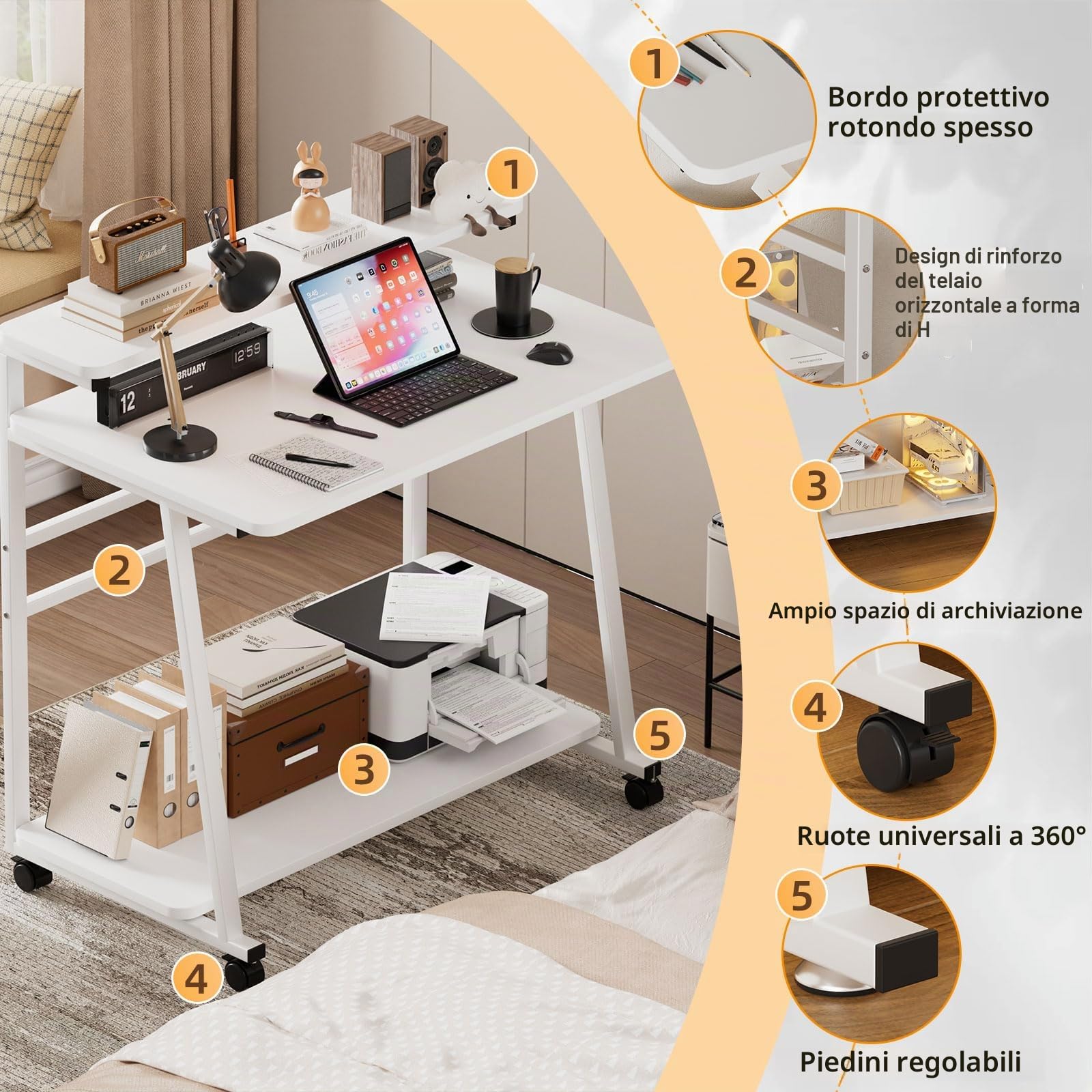 Scrivania per Computer con 4 Ruote Tavolo Porta PC Con spazio di archiviazione Scrivania per Computer Scrivania Ufficio Portatile Facile da Montare per Casa Ufficio Studio 80x50x90CM (Bianco)