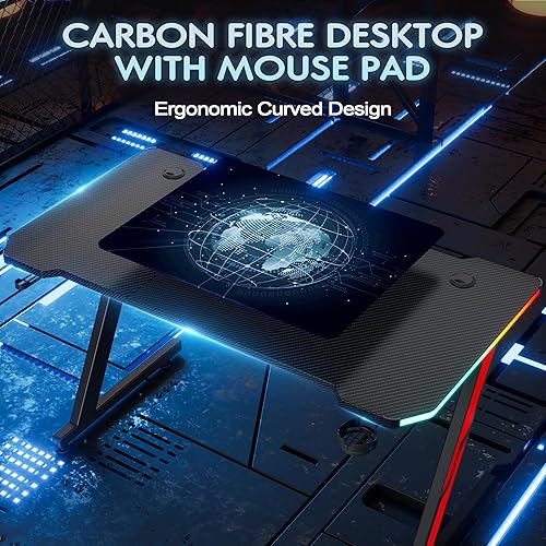 Miniatura 6 de Homall Escritorio para computadora de juegos con superficie de fibra de carbono, mesa de juegos en forma de Z, oficina en casa con soporte para
