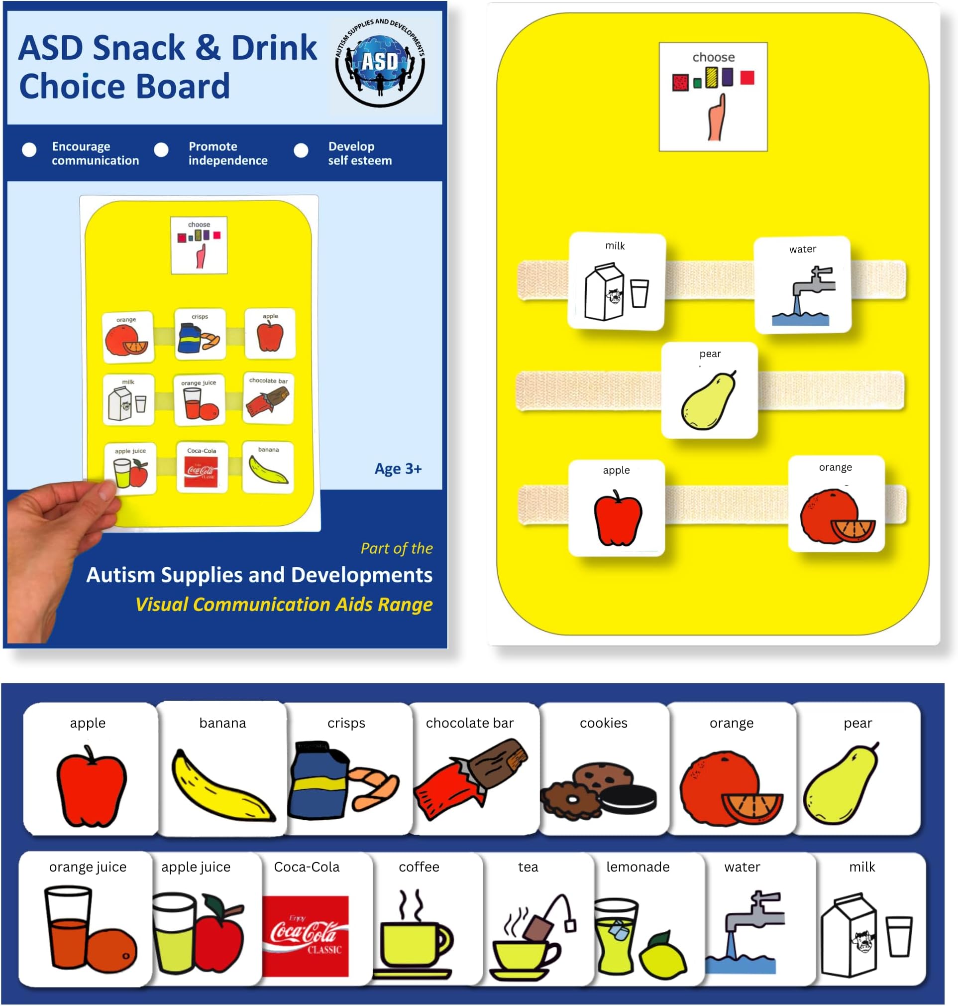 Snack Choice Board – Premium Durable Plastic - Visual Schedule for Kids -16 x Autism Communication Cards Nonverbal – Special Education Classroom Must Haves (English)