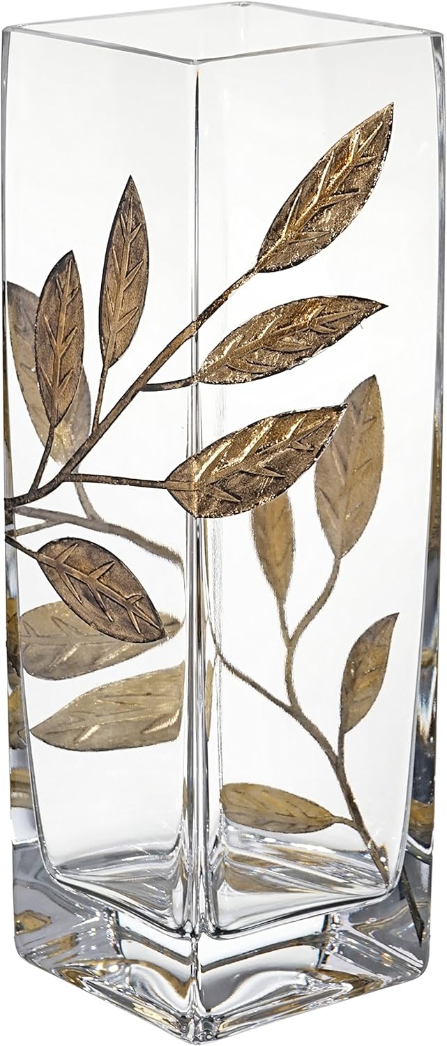 Luxury Hand Blown Glass Vase - Decorated with Sandblasted and Painted Golden Leaves - Golden Gift Box - Clear Square Vase - 9.8 in (25 cm) (Gold)