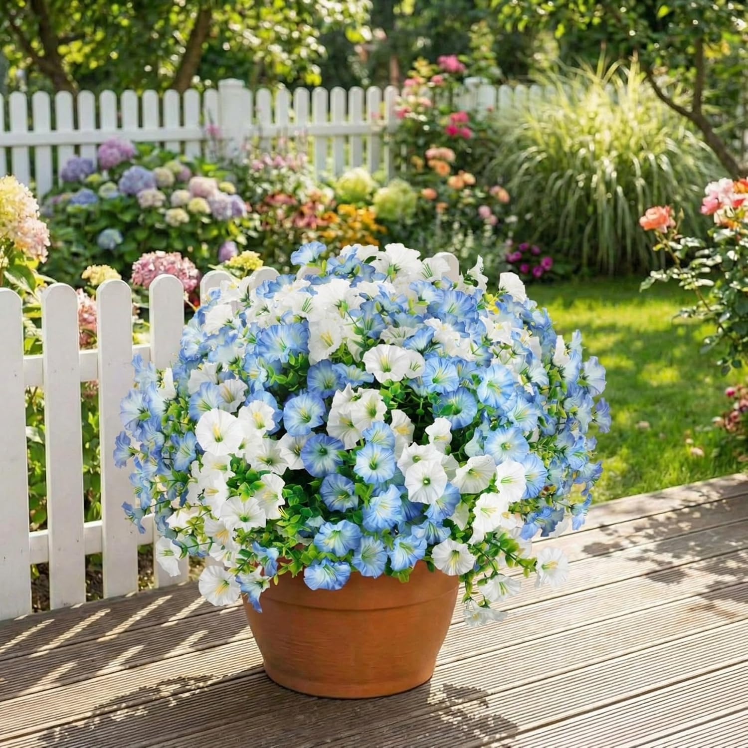 Hotop 20 Bundles Artificial Morning Glory Flowers for Outdoor Spring Summer UV Resistant Artificial Flowers Faux Silk Petunia Eucalyptu Realistic Plant for Outside Home Yard Porch Decor(White,Blue)