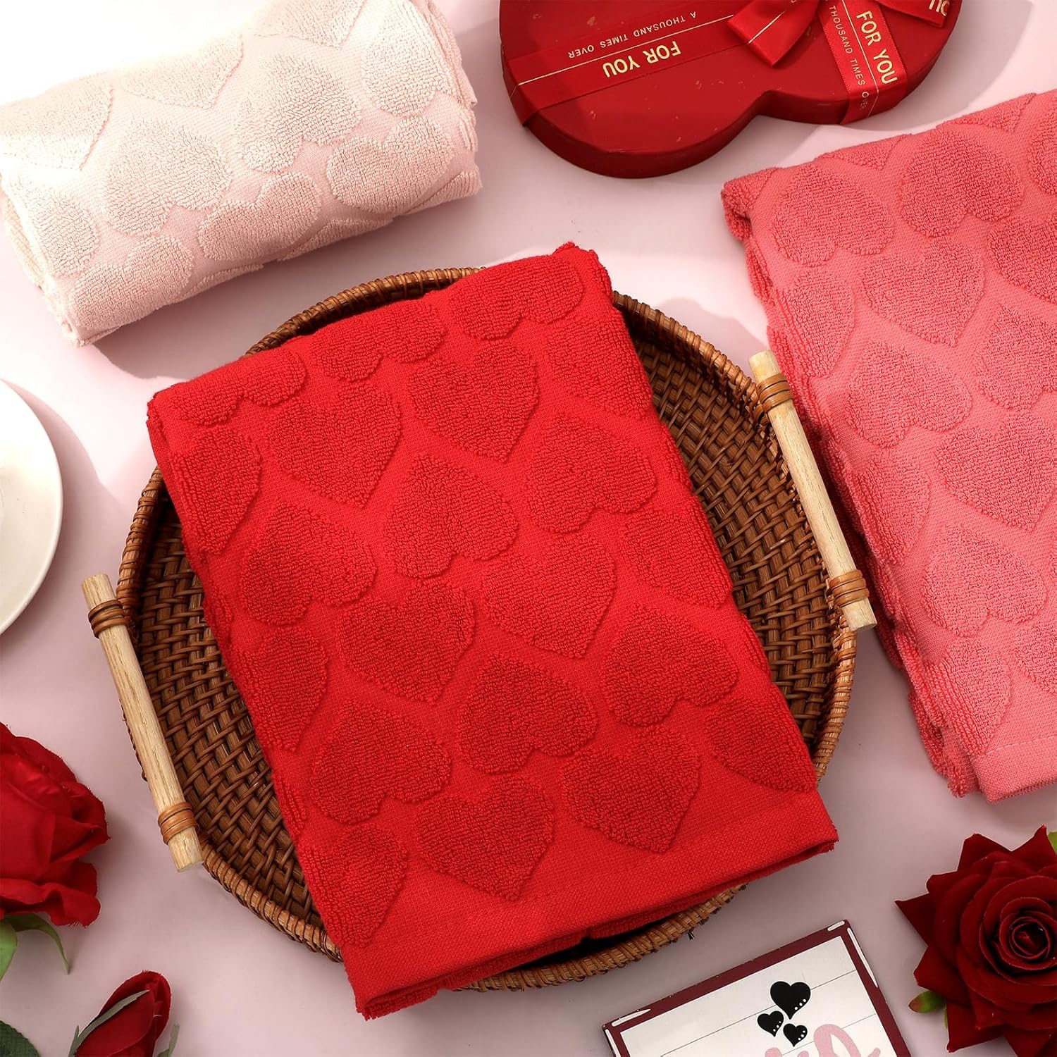 Whaline 3Pcs Valentine's Day 3D Heart Hand Towel Jacquard Cotton Towel Pink Red Absorbent Dish Towels for Kitchen Bathroom, 13.8 x 29.5 Inch (3 Colors) - Image 4