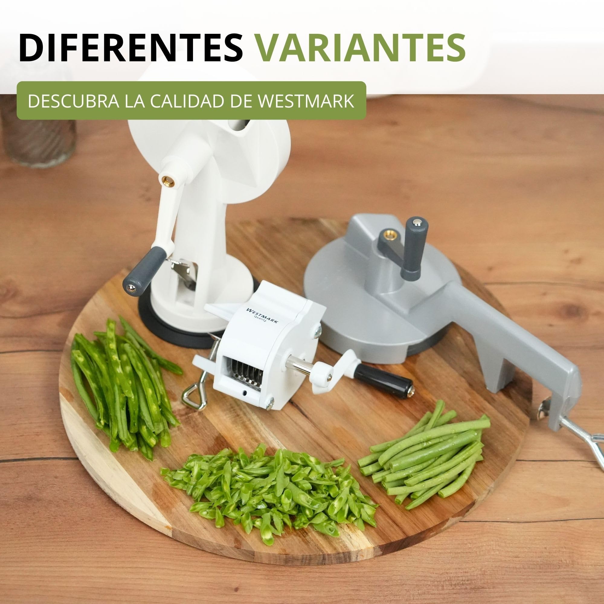 Westmark Cortador de judías con 2 aberturas de corte y abrazadera de tornillo para montaje en mesa, Cuchillo de acero inoxidable/carcasa de aluminio, Plateado, 11822260