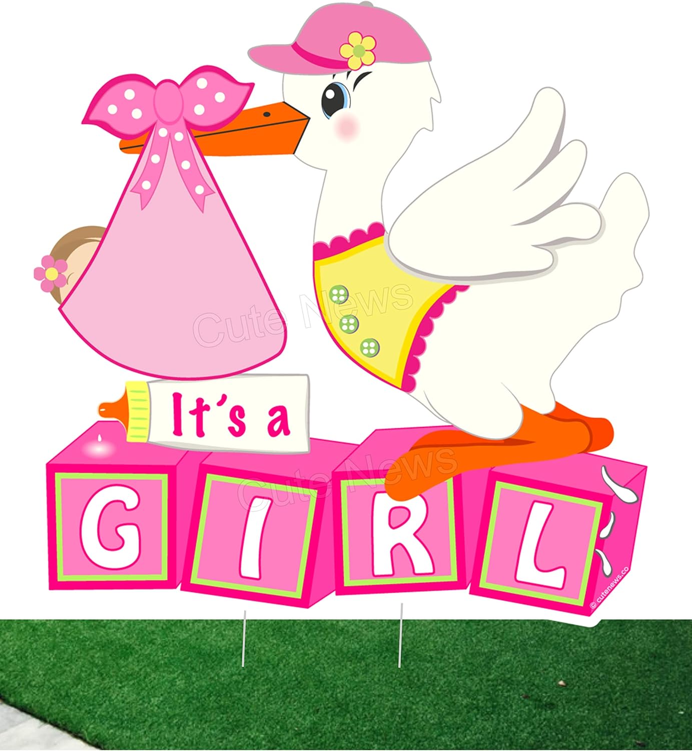 Welcome Home Its a Girl Yard Stork Sign, New Baby Lawn Decoration, Outdoor Card, Birth Arrival Announcement, Newborn Banner, Shower Gift, Photo Booth Prop, Building Blocks Decor, Pink