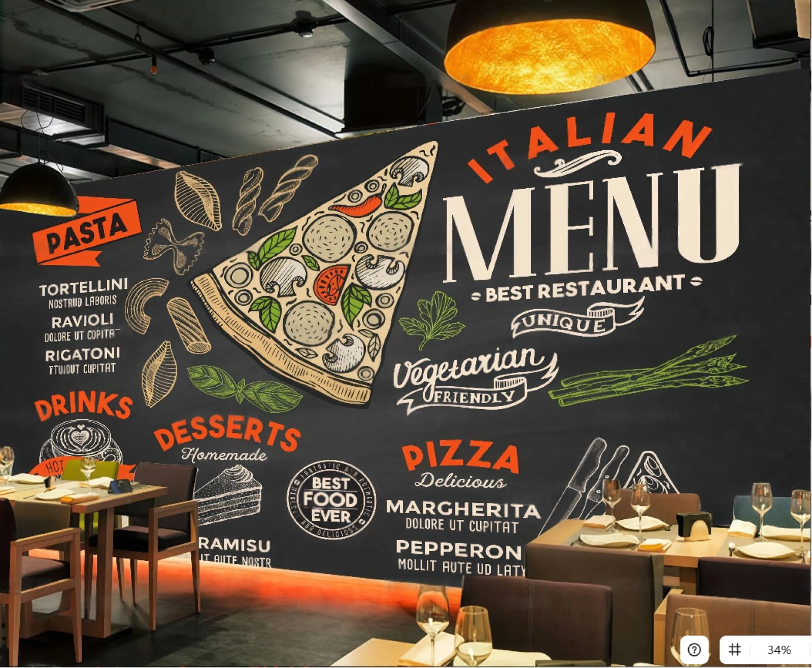 XDOUBAO Wallpaper Hand-Painted Blackboard Gourmet Pizza Burger Theme Snack Bar Afternoon Tea Western Restaurant Background Wall Wallpaper Coffee Shop Mural,3D,250x175cm