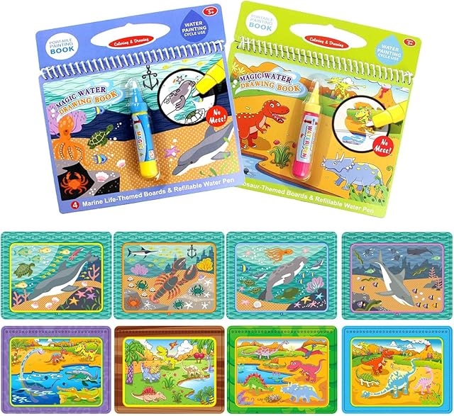 Coolplay Water Colouring Books with Magic Water Pens, Water Drawing Book Set for Kids, Airplane Travel Toys for Boys and Girls Toy 3 Years Old