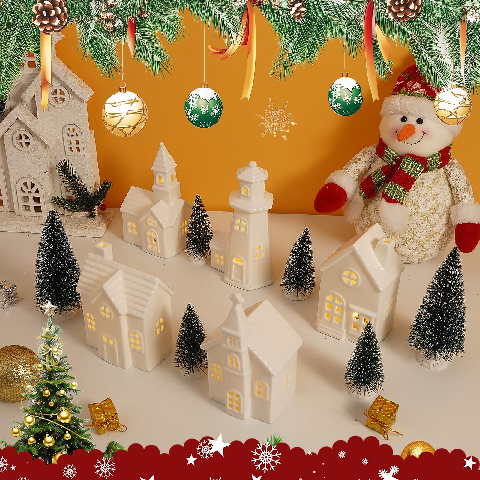 Weihnachtsdorfhäuser aus Keramik, beleuchtetes Weihnachtsdorf-Set mit Timer, Porzellan, Weihnachtsdorf-Sets, Keramikhäuser und Dörfer für Weihnachtsfiguren, Heimdekoration, 11 Stück