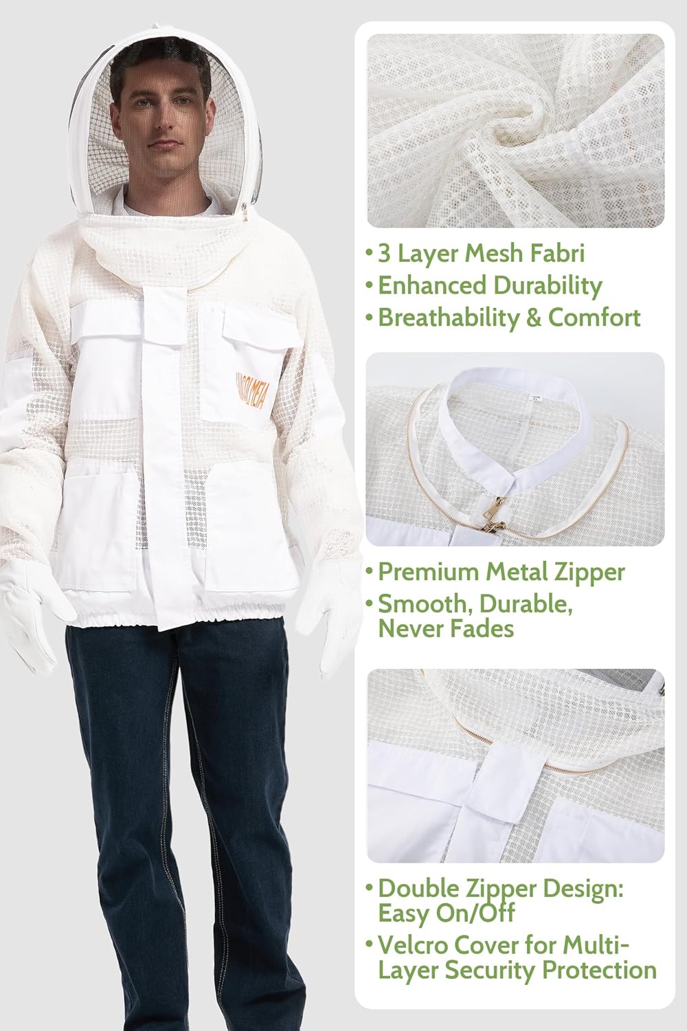 3-Layer Ultra Ventilated Beekeeping Jacket with Gloves &2 Protective Veil Hoods for Men and Women, Professional Protection Beekeeping Suit (XL)