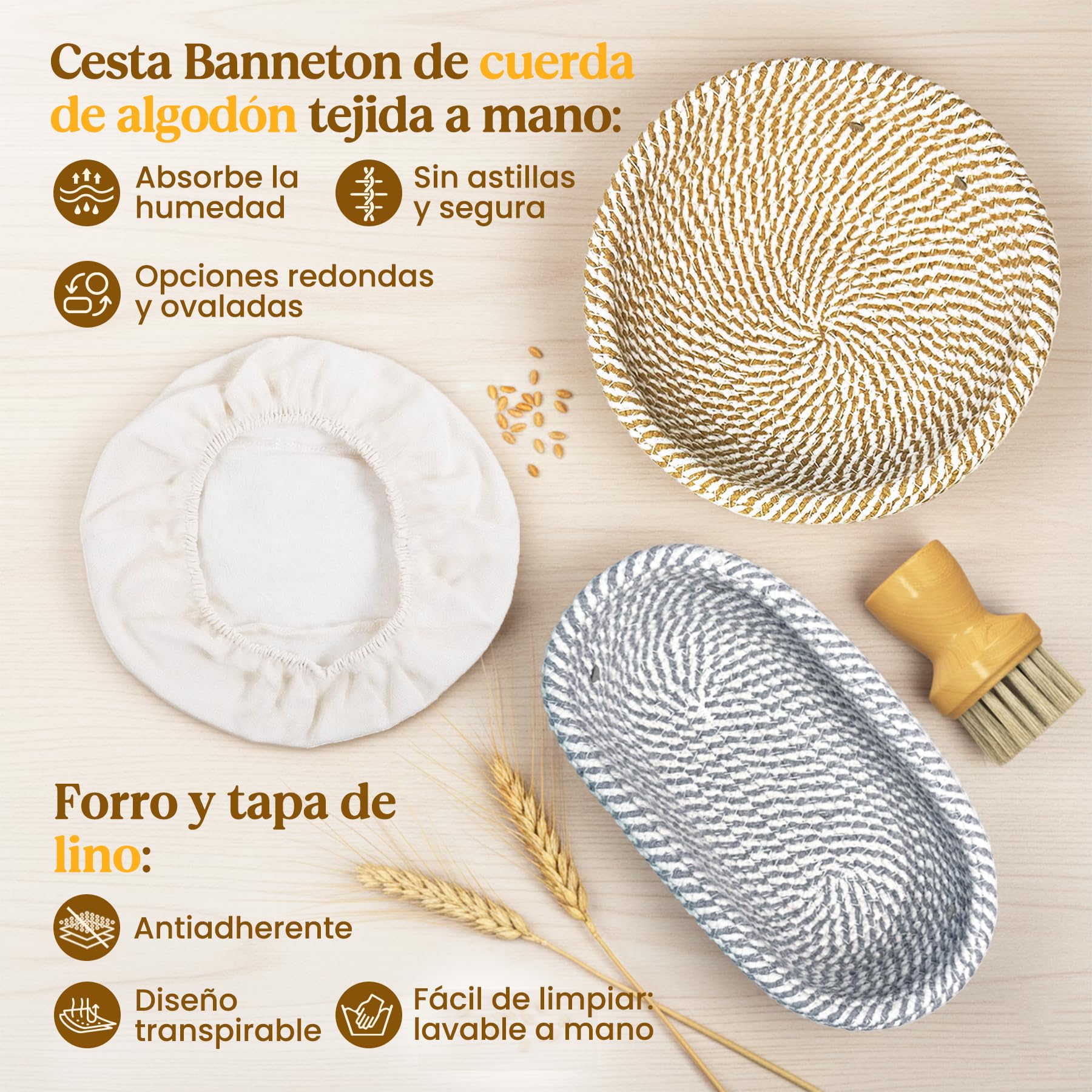 Kit Masa Madre 25 Piezas – Banneton de Cuerda de Algodón y Accesorios Panadería – Utensilios para Hacer Pan Casero – Regalo Ideal para Panaderos, Mujeres y Mamás