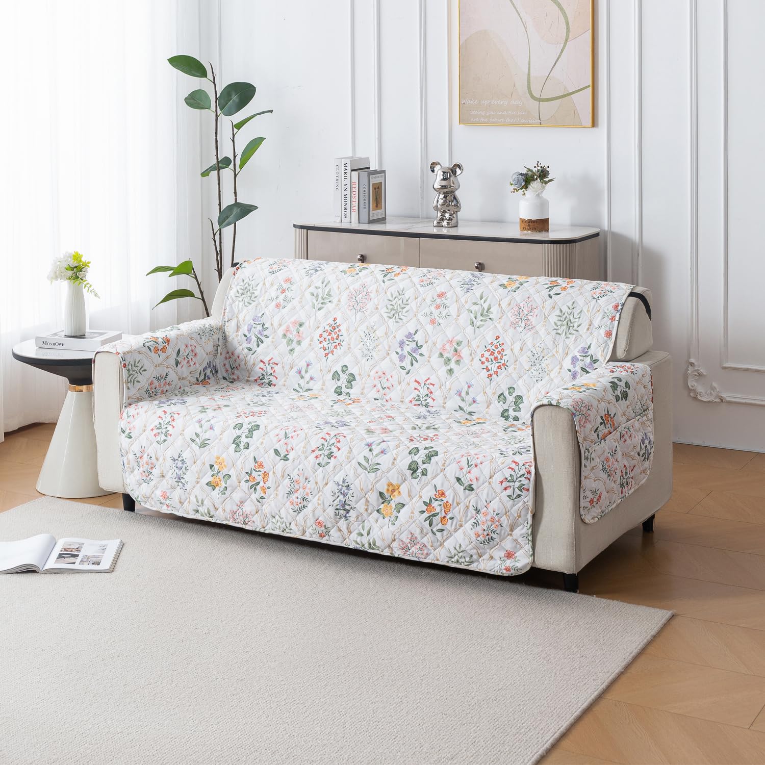 House of Quirk 'Mughal Series' Anti-Slip Sofa Cover Mat with Pocket | Polyester Couch Protector for Pets, Kids & Spills (Sunny Bloom, 180x170cm, Three Seater)