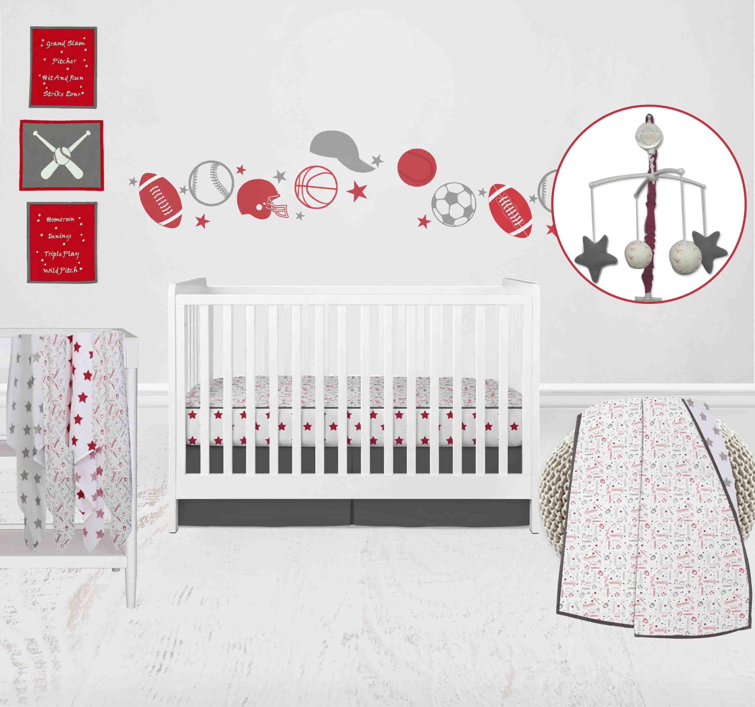 Bacati - Boys Baseball Muslin Red Gray 8 pc Crib Bedding Set