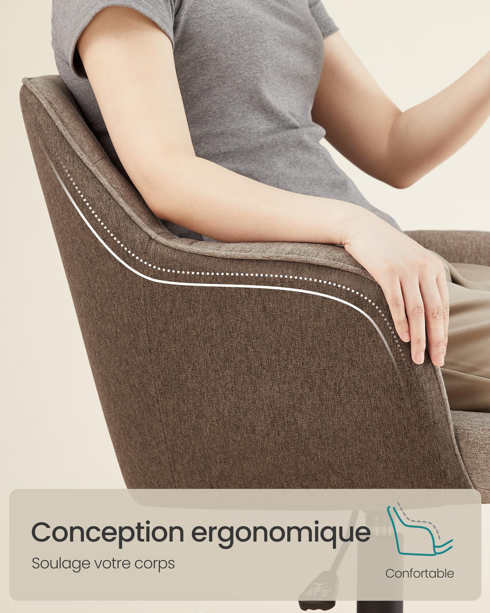 SONGMICS Chaise de Bureau, Fauteuil Ergonomique, Siège Pivotant, Réglable en Hauteur, Capacité 110 kg, Cadre en Acier, Tissu en Coton-Lin Respirant, pour Bureau, Chambre, Marron OBG019K01