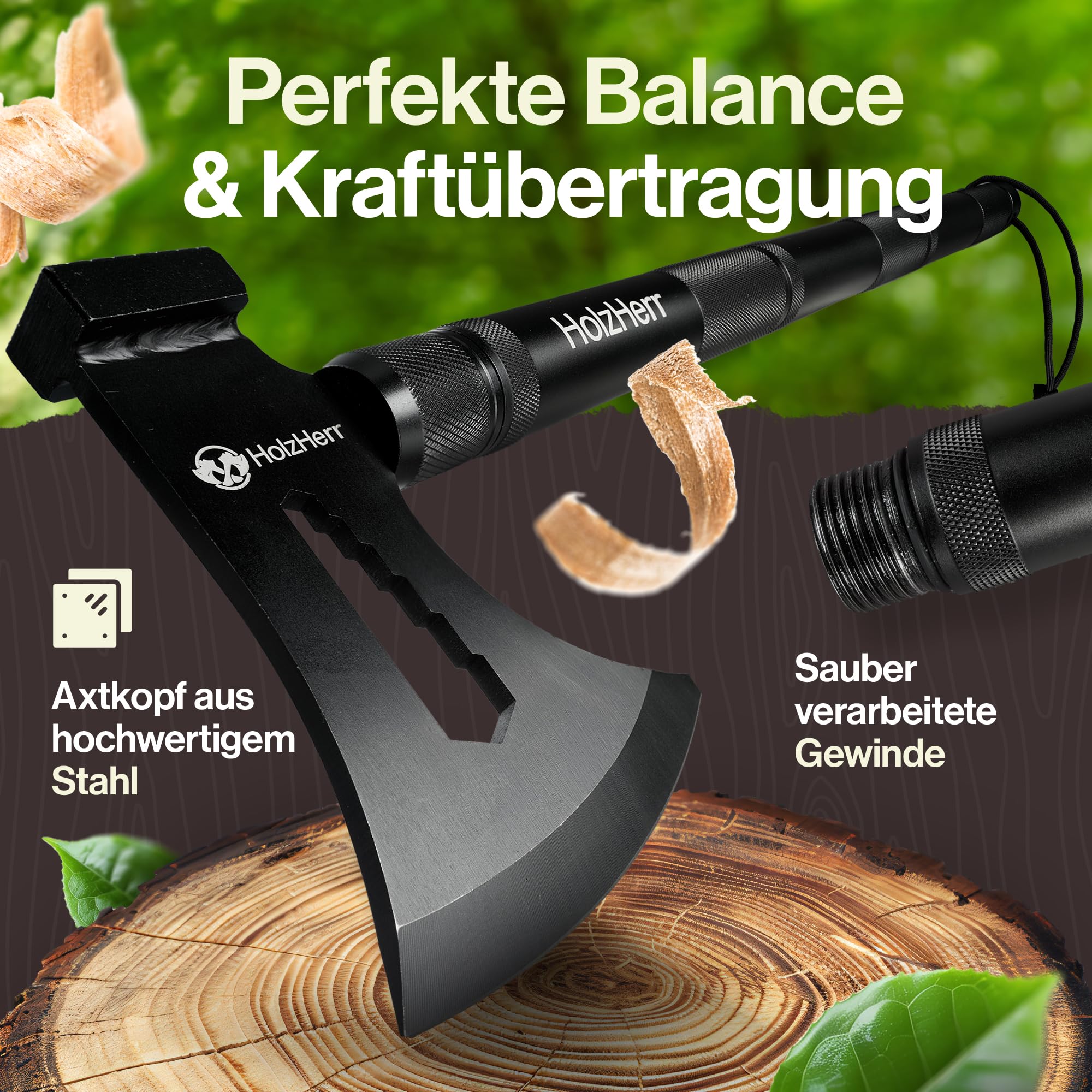 Spaltaxt 60 cm | Verlängerbarer Griff, Edelstahl-Kopf, Outdoor, Garten, Feuerholz, Spaltbeil & Handbeil, Campingaxt