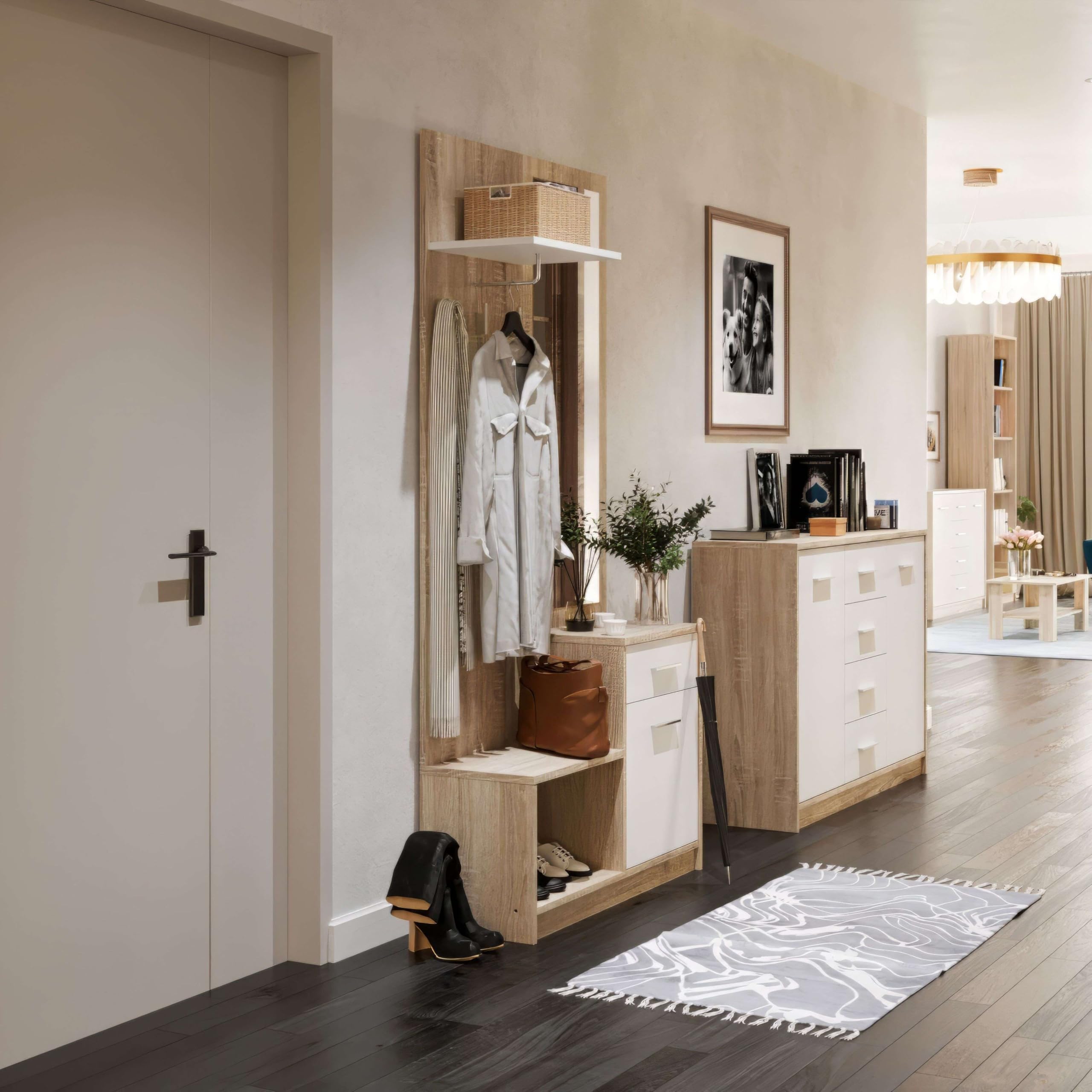 Miroytengo Mueble Recibidor con Espejo Sett 1 Cajon 1 Puerta 1 Estante 1 Hueco Abierto Color Blanco y Roble Cambrian 90 cm