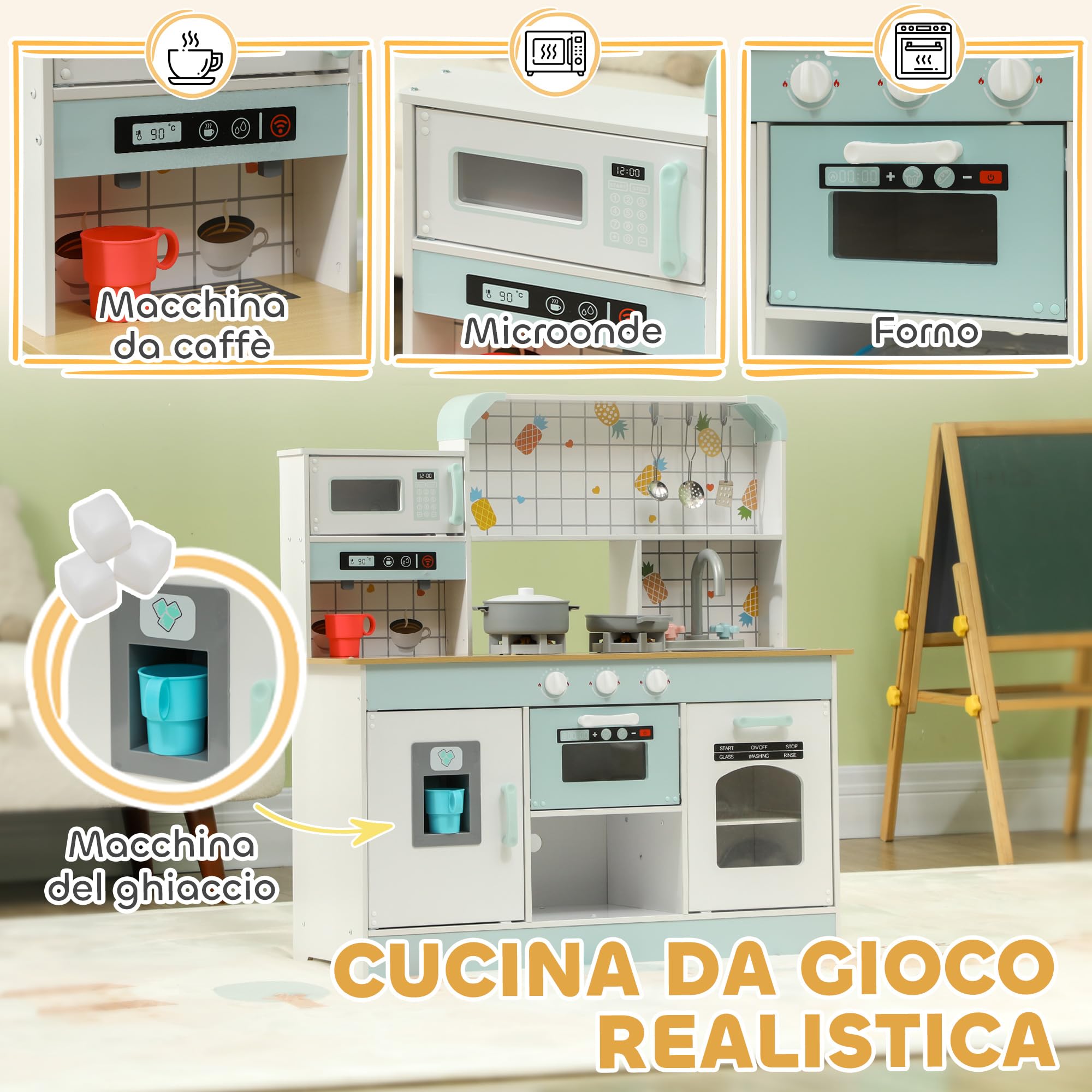 AIYAPLAY Cucina Giocattolo per Bambini da 3 Anni in Legno, Fornello con Luci e Suoni, Microonde, Macchina del Caffè, Macchina del Ghiaccio e Armadietti, Bianco