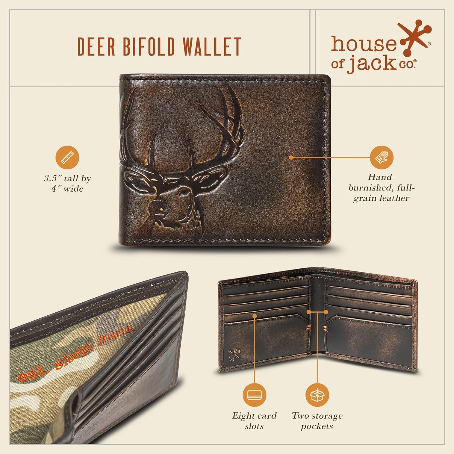 House of Jack Co. Deer Bifold Wallet for Men, Slim Profile Hunting Wallet, Ideal Gift For Men, Full-Grain Cowhide Leather, Black - Image 5