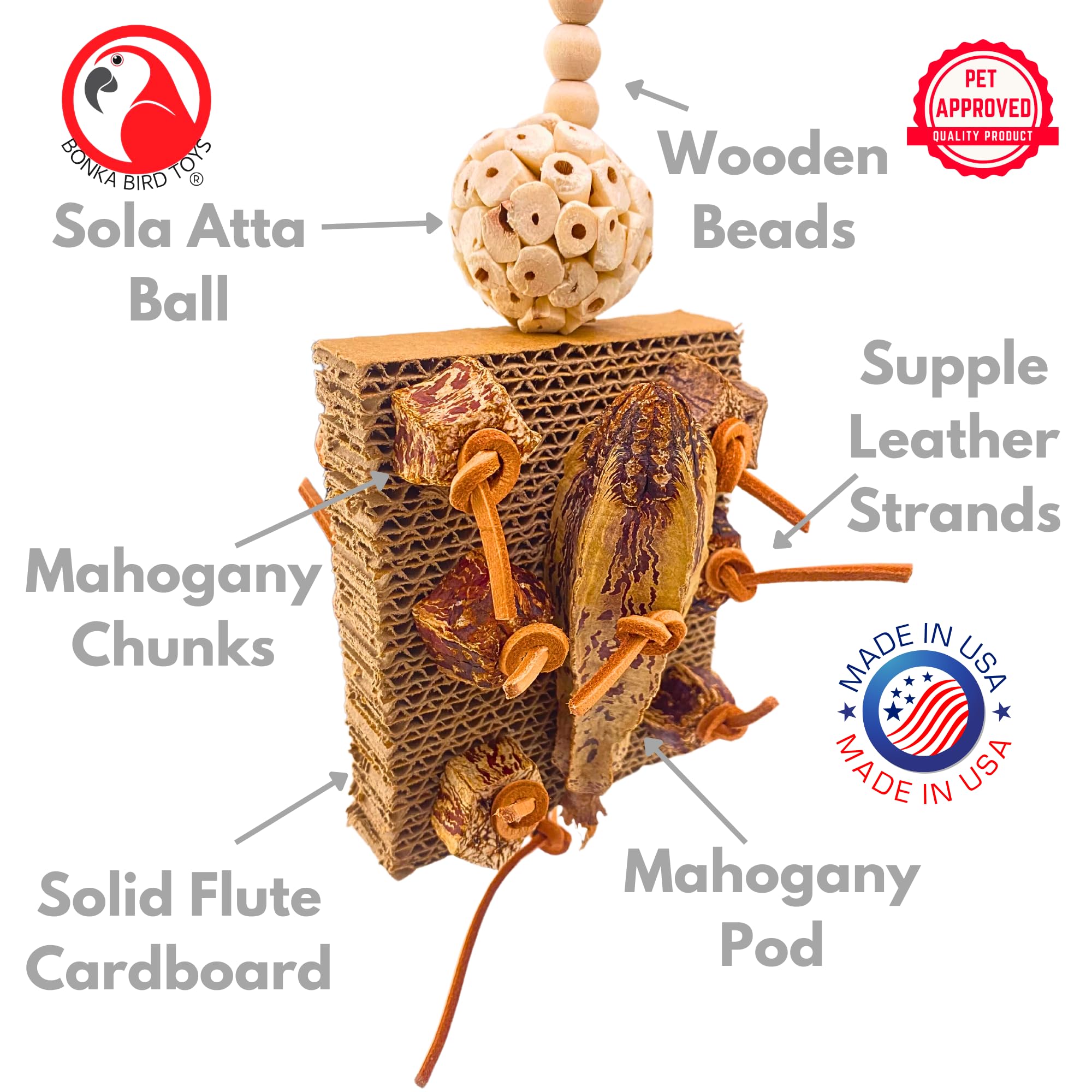 Bonka Bird Toys 1427 Mahogany Forage Block - 12" x 4" x 2" Durable Foraging & Chew Toy for Small to Medium Birds, Includes Sola Ball, Wooden Beads, Soft Leather Strands, Mahogany Chunks & Pods - image 4