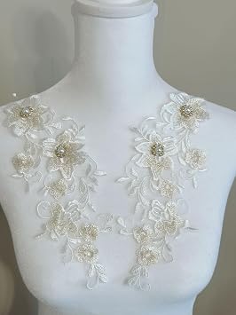 A39 Two Pair Lace Appliques, Ivory Cream, Wedding Appliques, 4 Pieces, Square, Rectangle, Bridal, Sewing, 9"L x 3.5"W, Embroidered Lace Detail, Crafts/Wedding