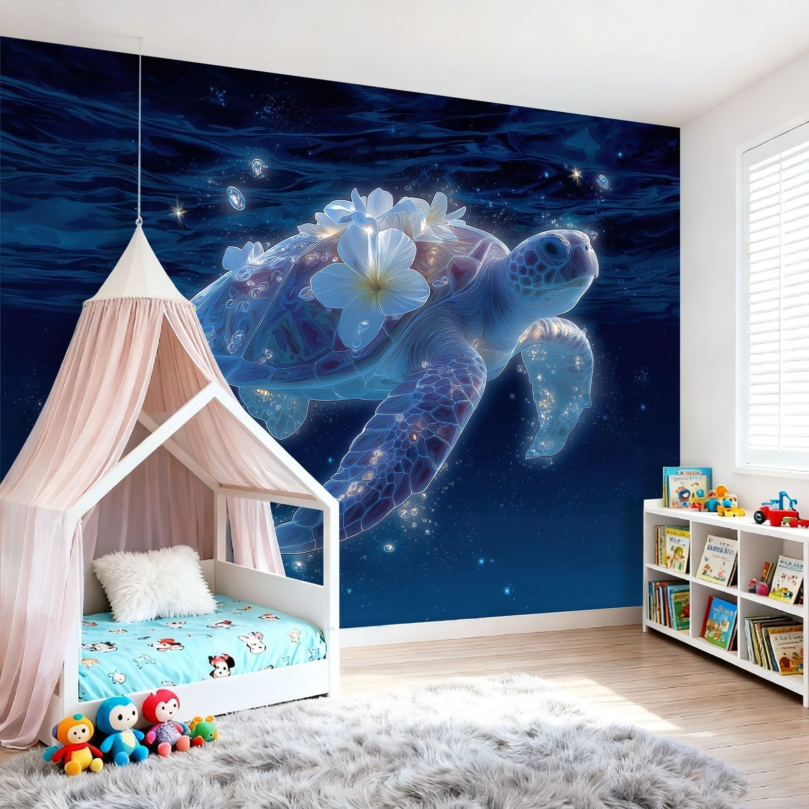 Duża fototapeta z włókniny 350 x 256 cm, marzycielski żółw ocean, nowoczesna tapeta do salonu i studia, niebieska