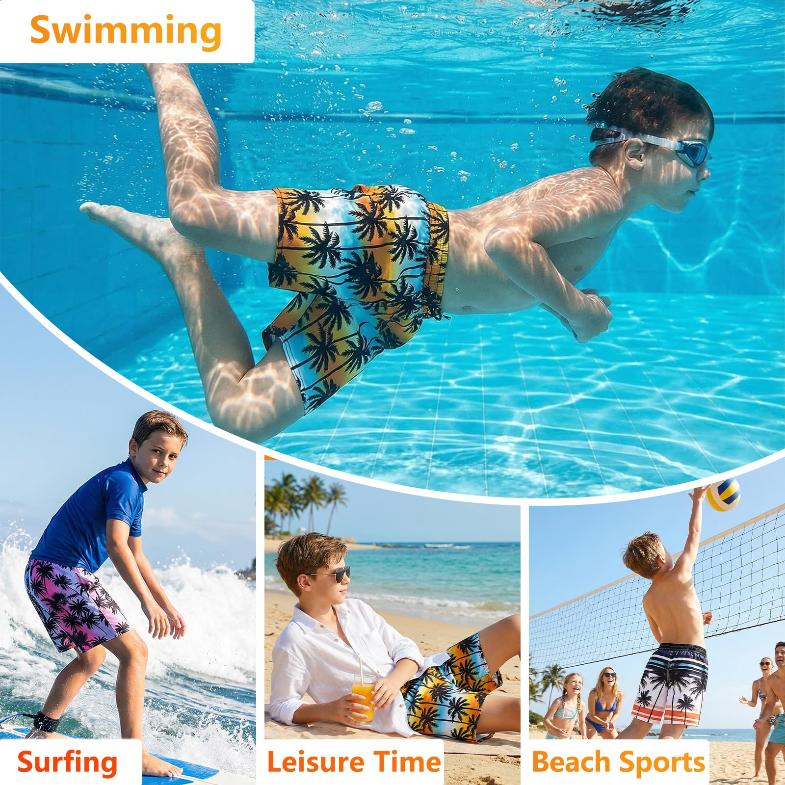 JinBei Short de Bain Garcons Doublure de Compression Maillot de Bain Enfant Séchage Rapide Shorts de Plage avec Poche Ceinture Élastique Boardshorts pour Surf Natation Vacances, 7-13 Ans