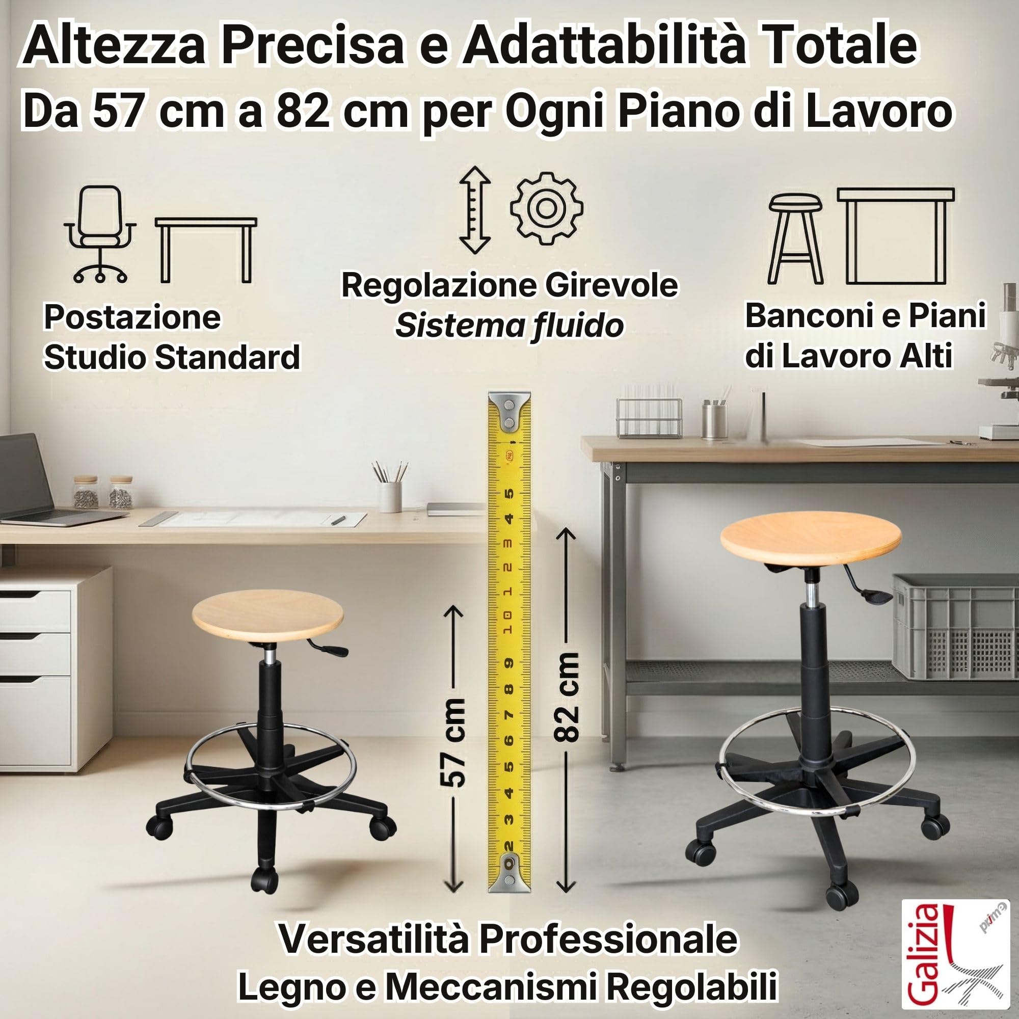 IDEALSEDIE Sgabello CON PIEDINI girevole regolabile in altezza, PUO' ESSERE RICHIESTO CON RUOTE IN FASE DI ORDINE IN ALTERNATIVA AI PIEDINI, tondello in multistrato di faggio - H Min 57Cm H Max 83 Cm