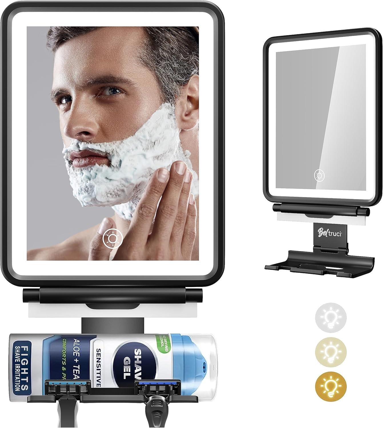 Beltruci Fogless Mirror for Shower with LED Light, Razor Holder Hooks