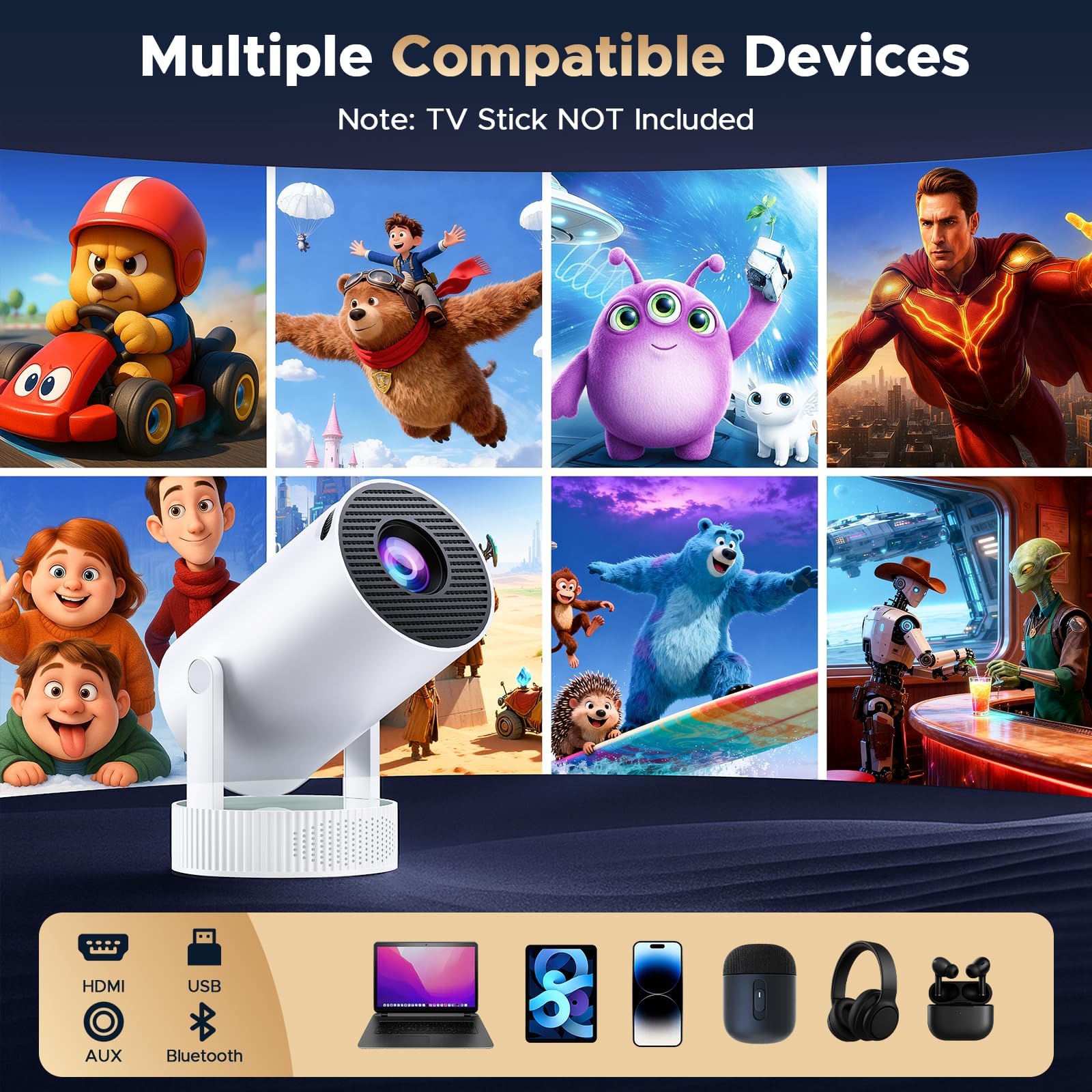 4K Mini Beamer mit Akku, Android 11.0, WiFi 6 Bluetooth 5.2, 220° Rotation, Auto Keystone – Tragbarer Projektor für Heimkino & Outdoor
