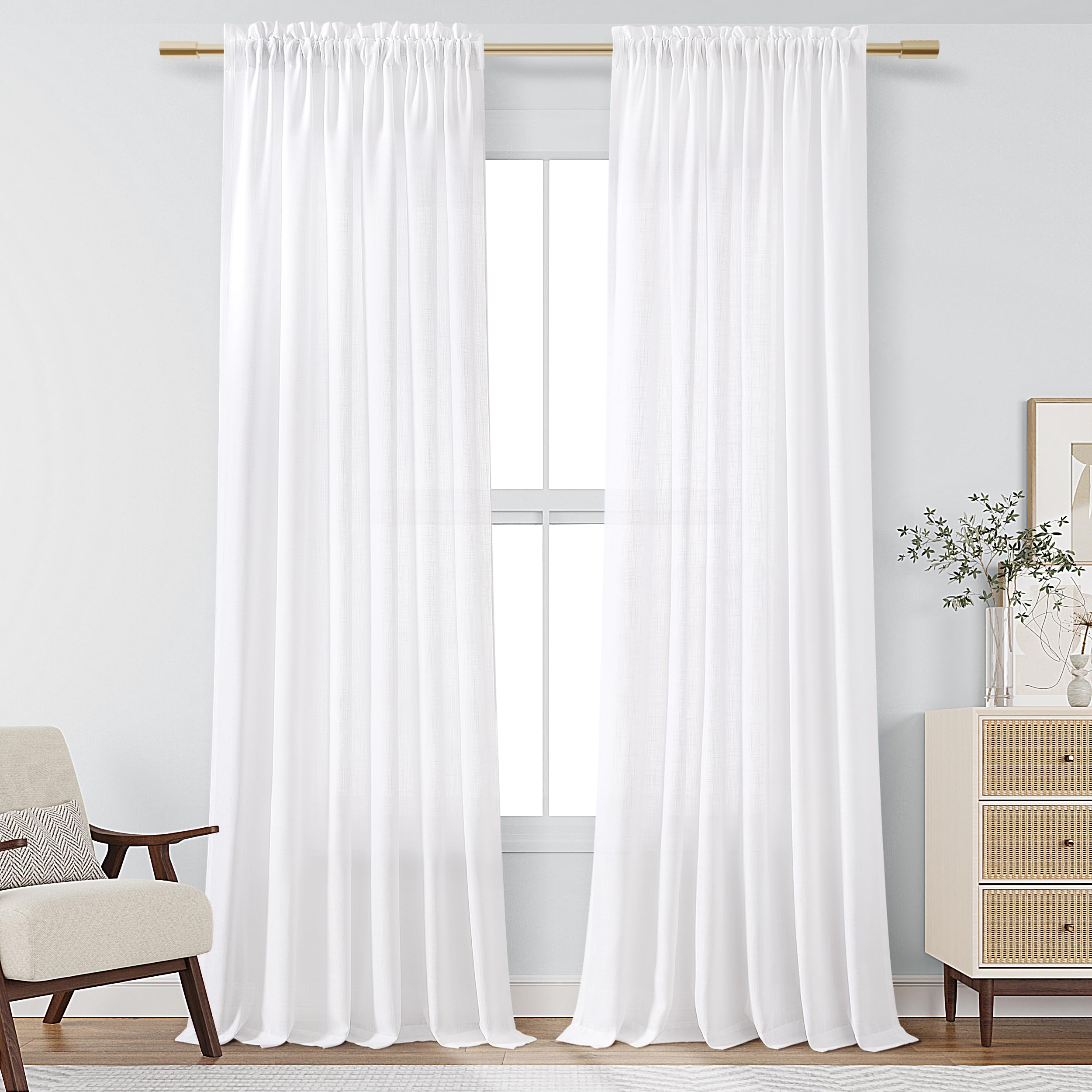 Rideaux semi-transparents lin blanc anti-regards extérieurs passe-tringle 243cm