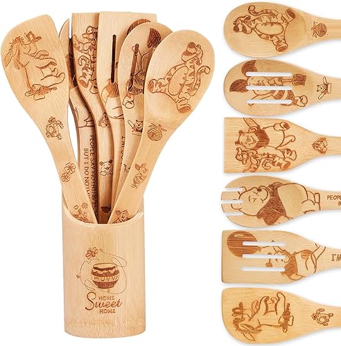 7 accesorios de cocina Winnie  Regalos de oso Pooh para mujeres  Juego de utensilios de bambú  Regalo de cumpleaños  Cucharas de madera para