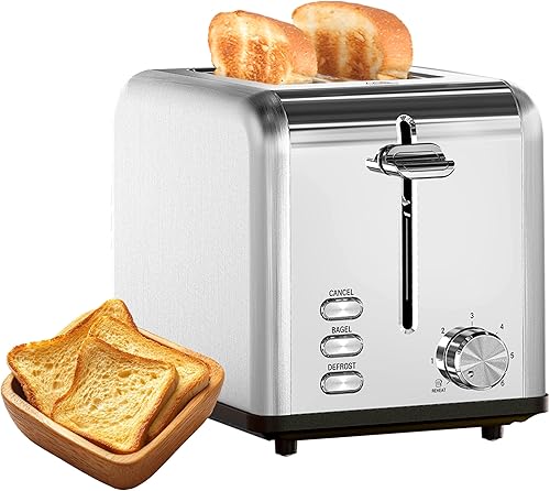 Miniatura 10 de YSSOA Tostadora de 2 rebanadas con 6 ajustes de tostado y 3 funciones, ranura extra ancha y bandeja extraíble para migas, estilo retro de acero