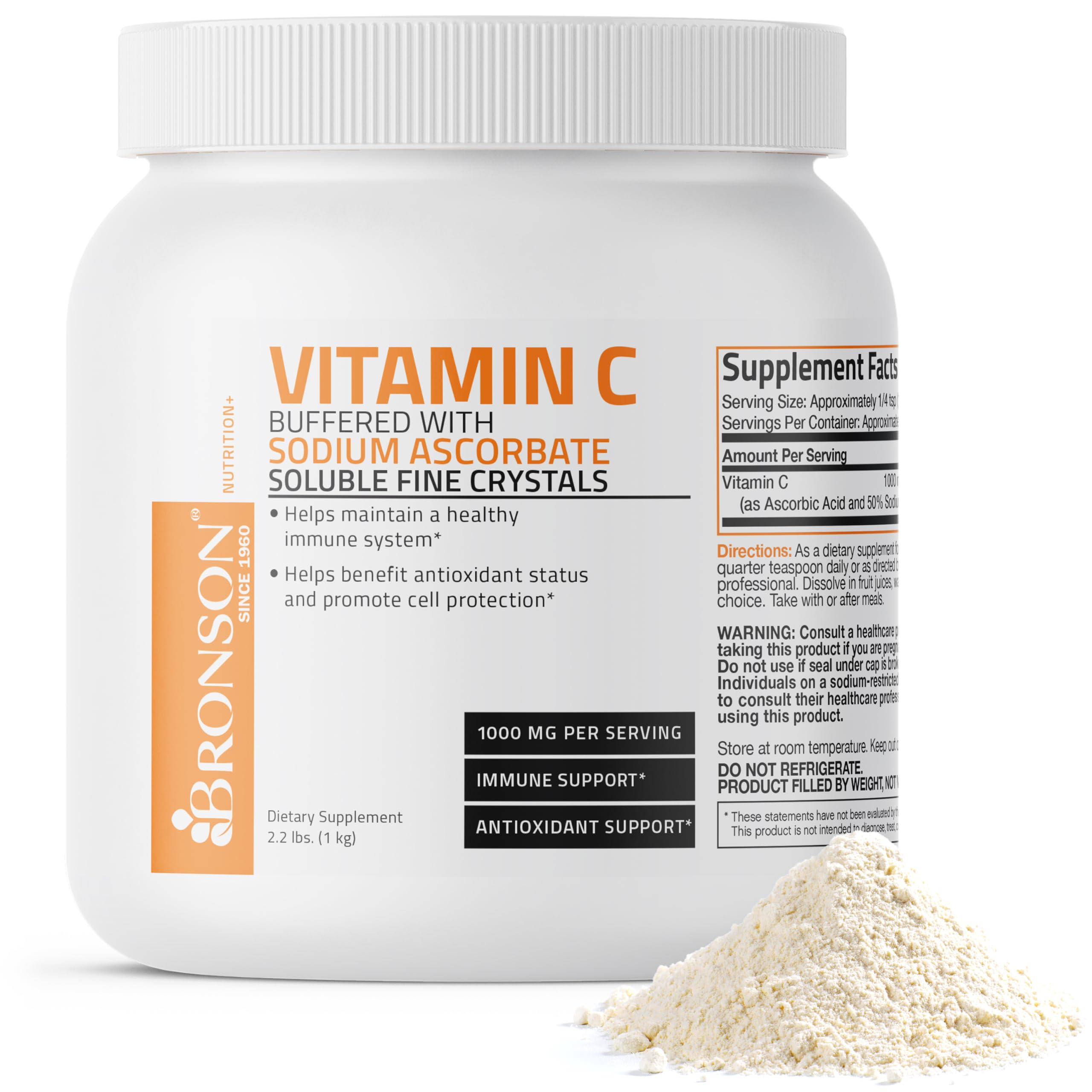 Bronson Buffered Vitamin C Powder Ascorbic Acid Buffered with Sodium Ascorbate Soluble Fine Crystals – Promotes Healthy Immune System and Cell Protection – Powerful Antioxidant - 1 Kilogram (2.2 Lbs) Unflavored 35.3 Ounce (Pack of 1)