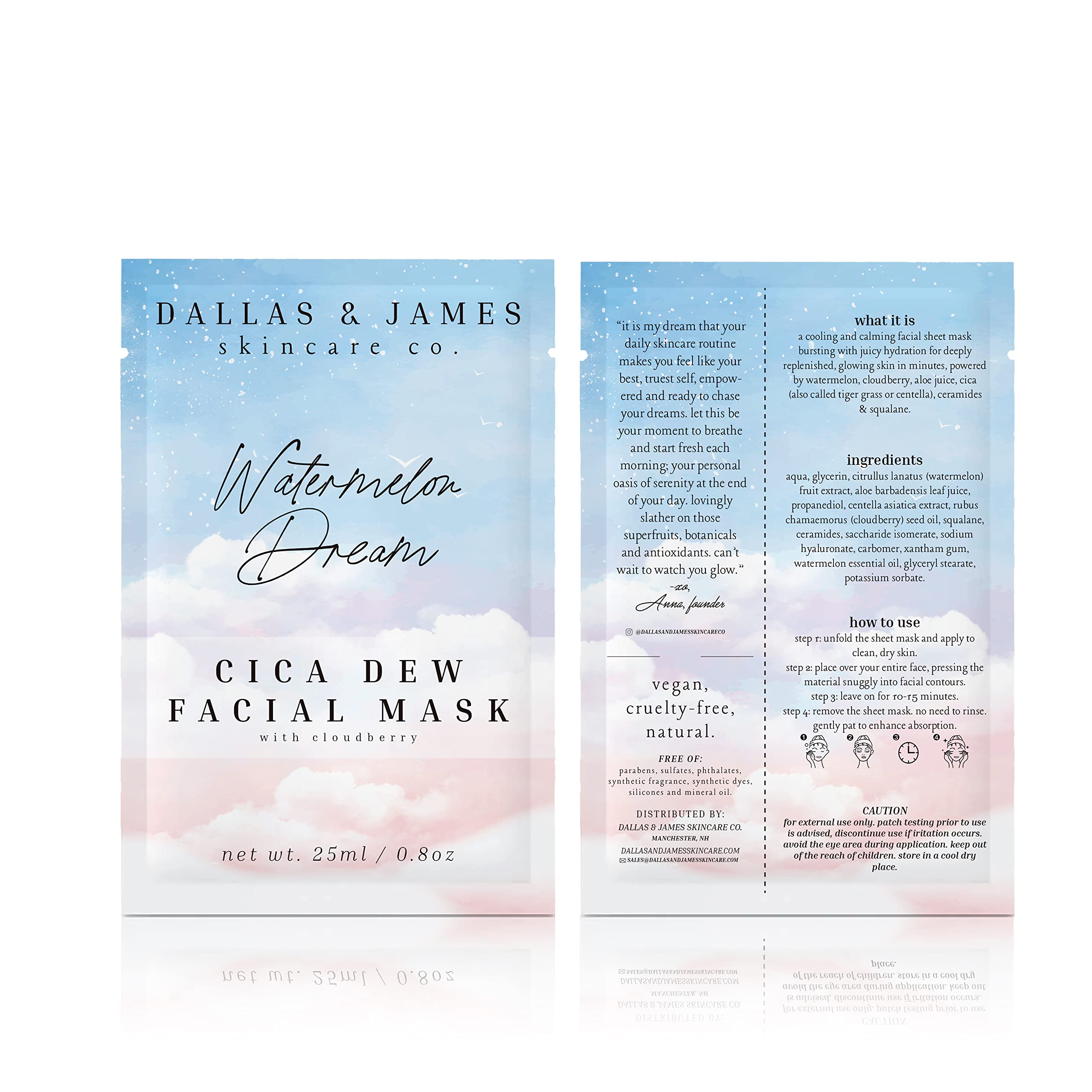 Skincare Co. Watermelon Dream Cica Dew Facial Mask with Cloudberry - Hydrating Sheet Mask, Calming & Cooling, Glowing Skin
