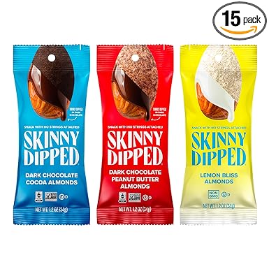 SkinnyDipped Snack Attack Almond Variety Pack, Chocolate Covered Almonds, Low Sugar, Gluten Free, Healthy Snack, 1.2 Ounce Bags (Pack of 15)