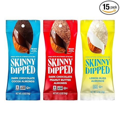 SkinnyDipped Snack Attack Almond Variety Pack, Chocolate Covered Almonds, Low Sugar, Gluten Free, Healthy Snack, 1.2 Ounce Bags (Pack of 15)