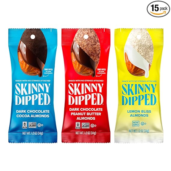 SkinnyDipped Snack Attack Almond Variety Pack, Chocolate Covered Almonds, Low Sugar, Gluten Free, Healthy Snack, 1.2 Ounce Bags (Pack of 15)