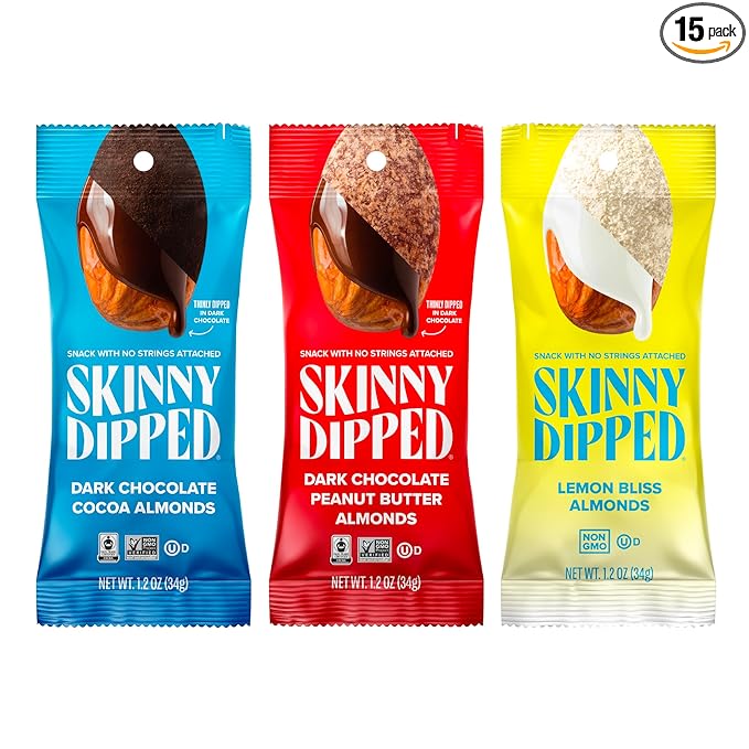 SkinnyDipped Snack Attack Almond Variety Pack, Chocolate Covered Almonds, Low Sugar, Gluten Free, Healthy Snack, 1.2 Ounce Bags (Pack of 15)