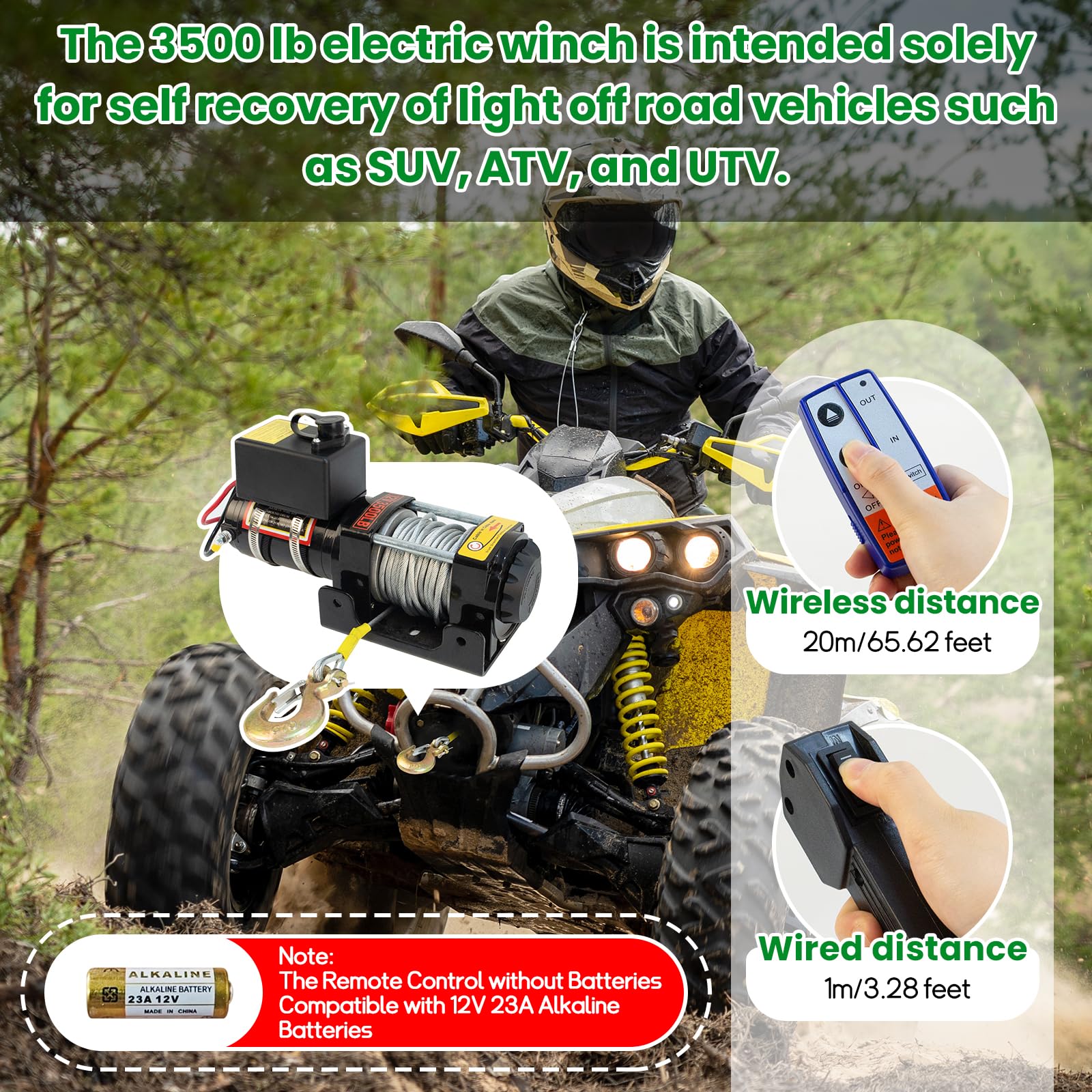 Verricello Elettrico 3500lb/1588kg, Verricello Elettrico 12V con Telecomando Wireless e Manuale, Motore in Rame Impermeabile Perfetto per il Recupero Autonomo di Veicoli Off Road Leggeri