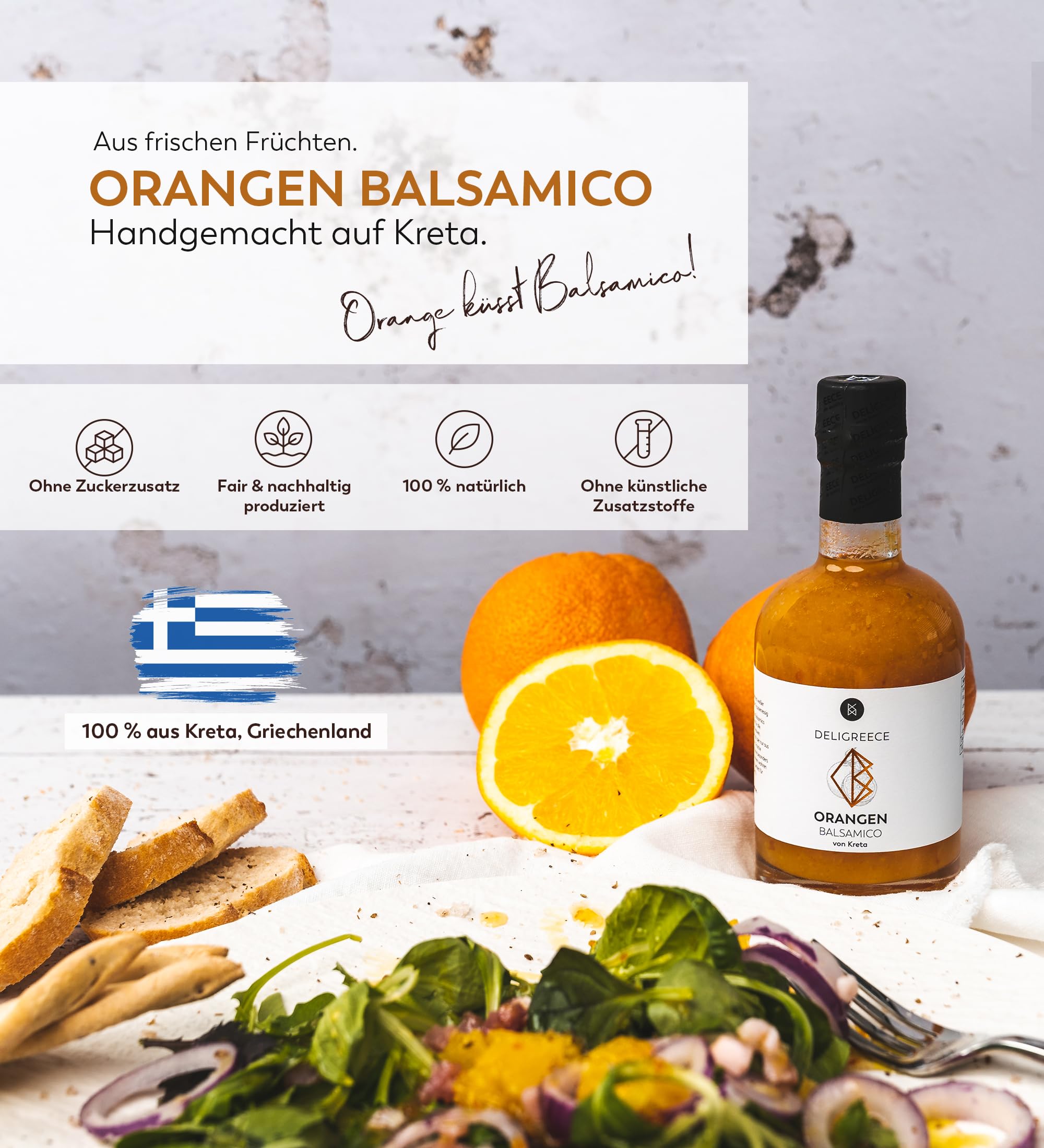 Deligreece Orangen Balsamico Essig | Traditionell hergestellter Balsamico von Kreta | Fruchtiger und milder Balsamico mit frischen Orangen | Handgemachter Weißweinessig aus Griechenland (250ml) - 2