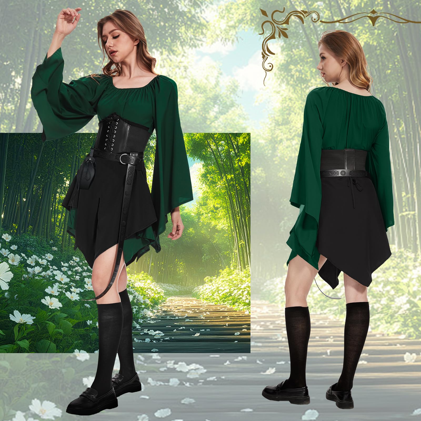 Vêtements médiévaux pour femme | Robe gothique à capuche, robe irlandaise Renaissance elfe cosplay, ensemble complet accessoires